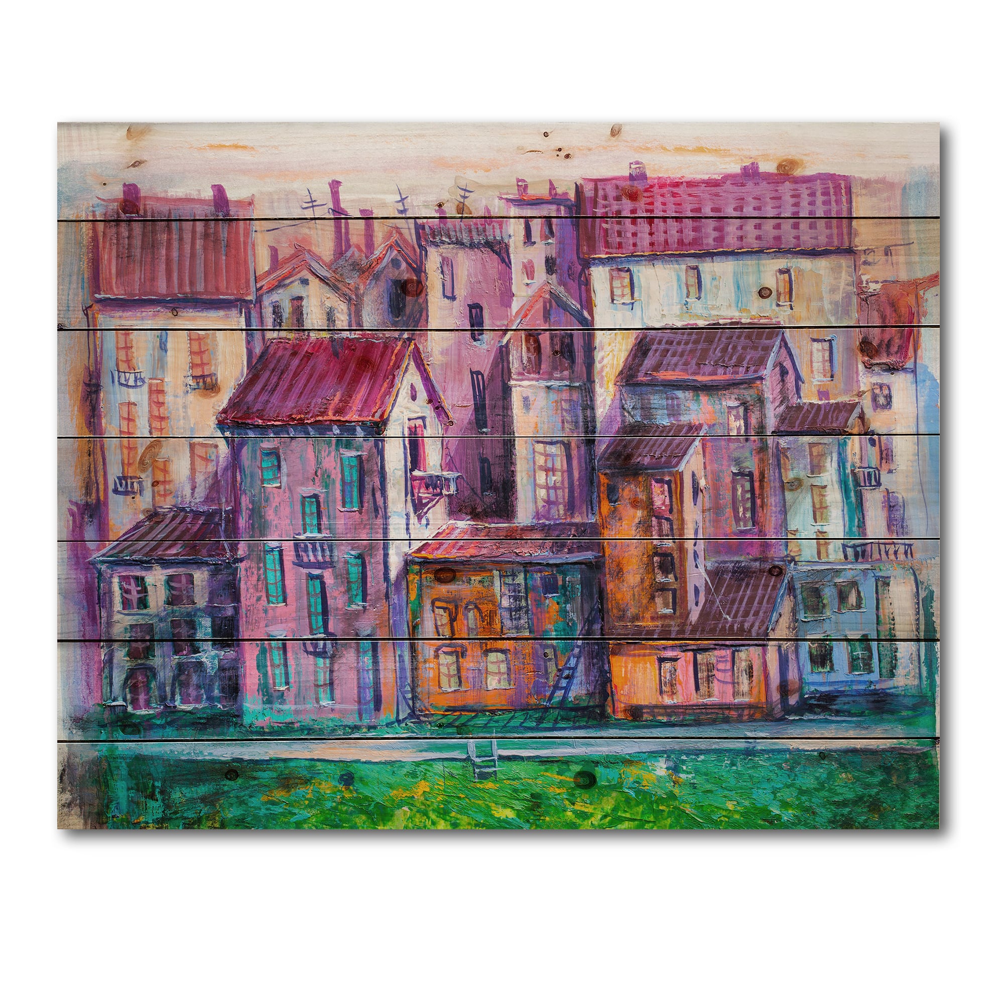 Designart - Street With Colorful Old Homes - Modern Print on Natural Pine Wood