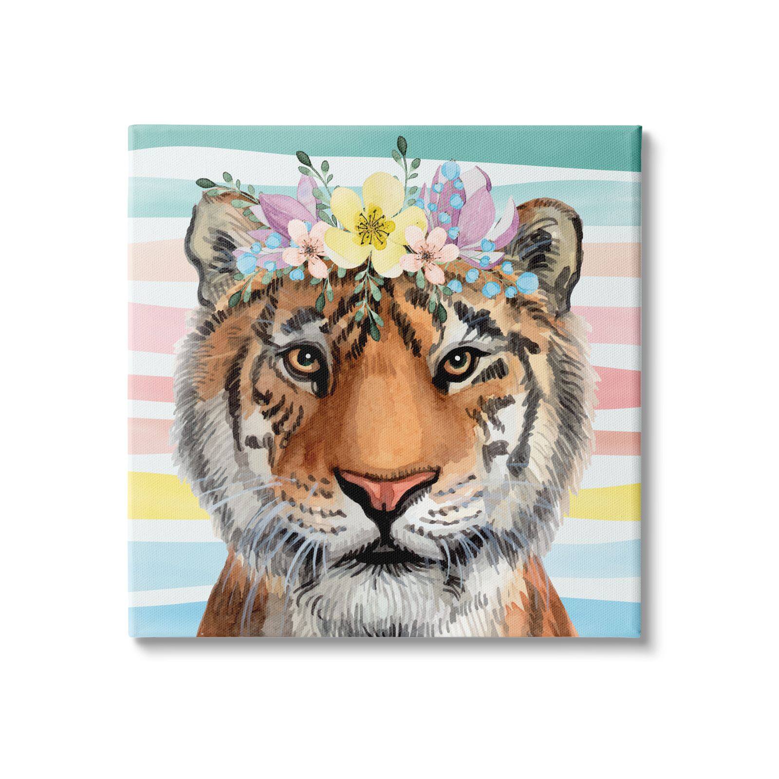 Stupell Industries Jungle Tiger Chic Purple Yellow Floral Crown Stripes Canvas Wall Art