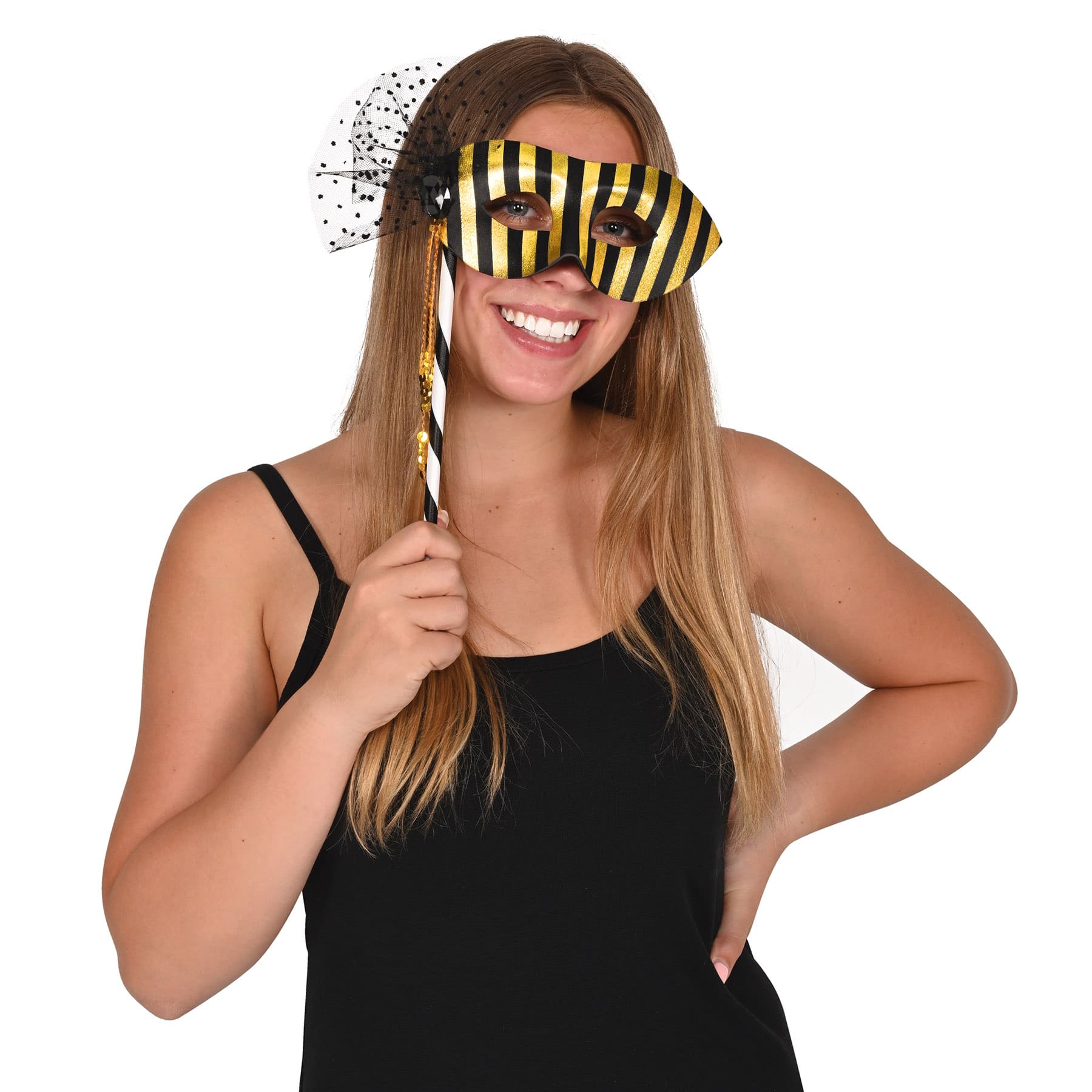 Beistle Adult Black & Gold Striped Party Masks with Sticks, 2ct.