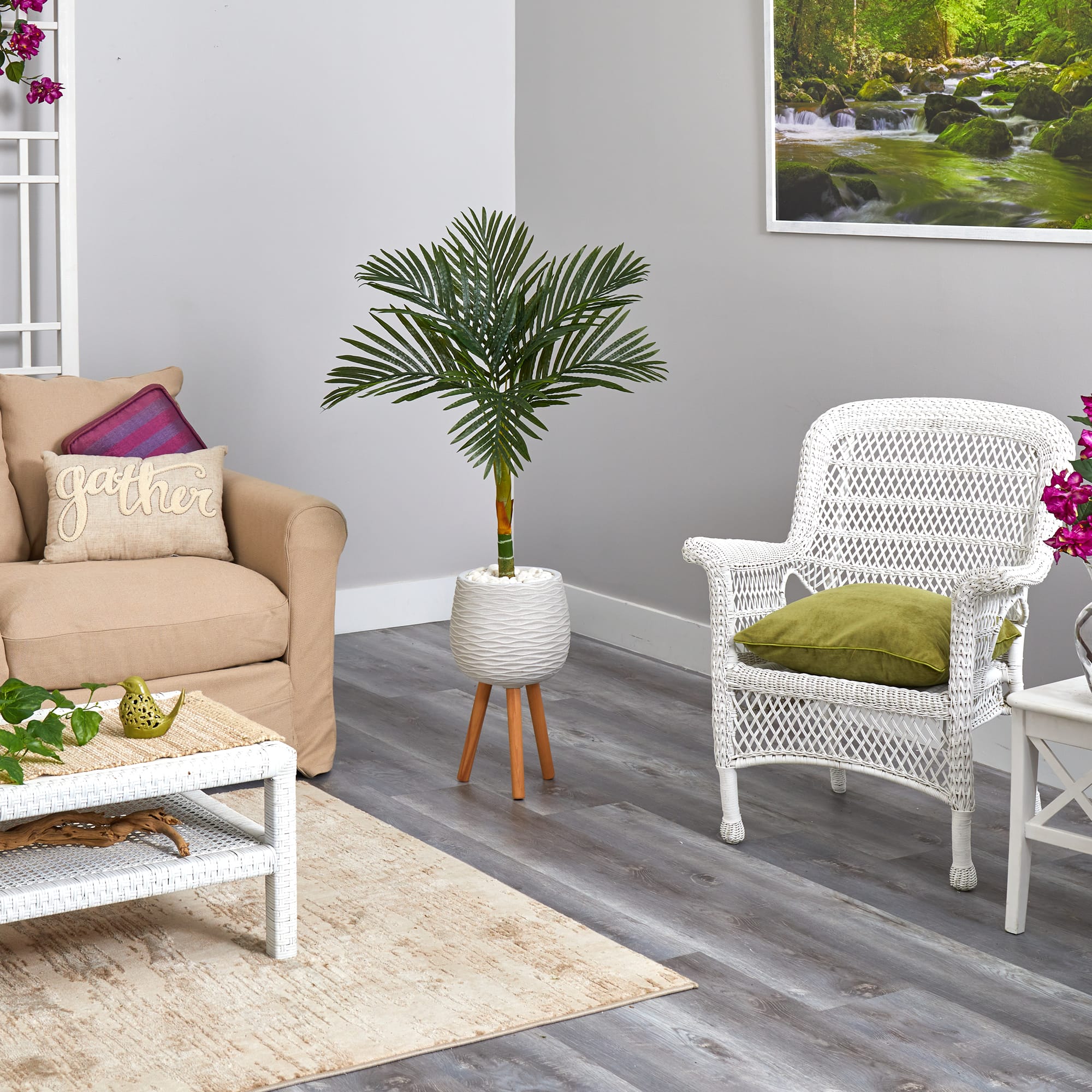 4.5ft. Golden Cane Artificial Palm Tree in White Planter with Stand