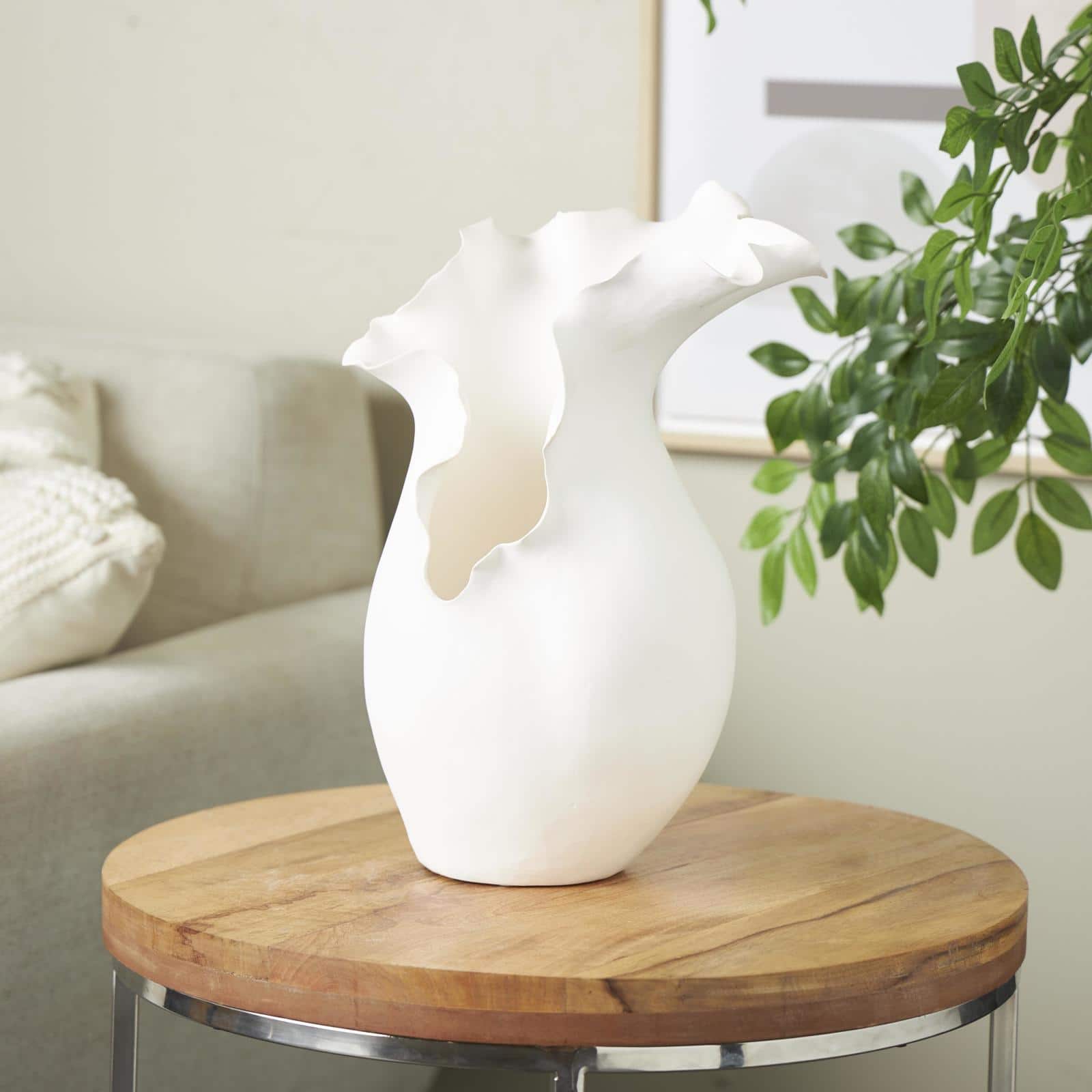 14.75" White Ceramic Abstract Floral Inspired Vase with Wavy Edge