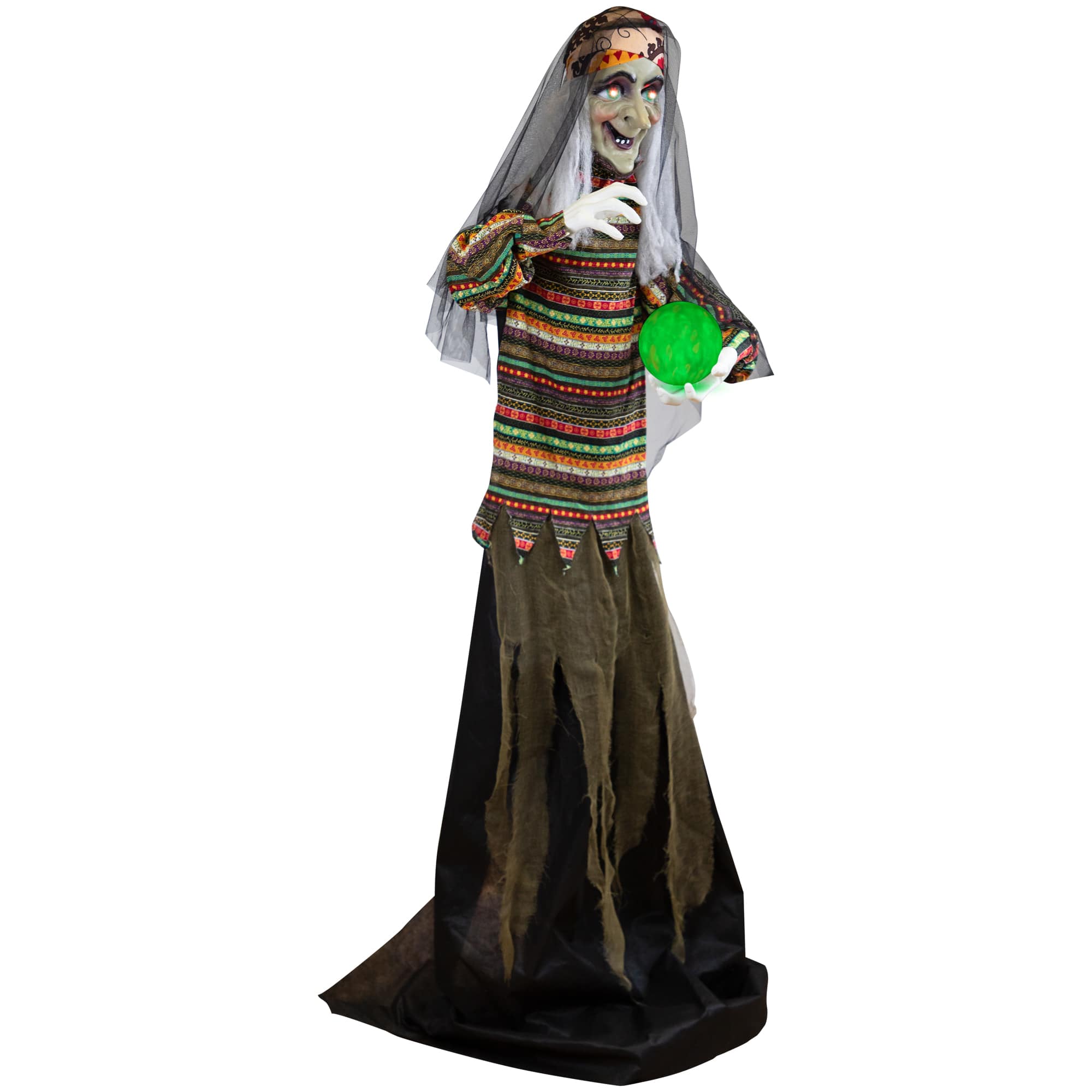 5.5ft. Pre-Lit Black & Green Standing Fortune Witch with Magic Ball Halloween Display