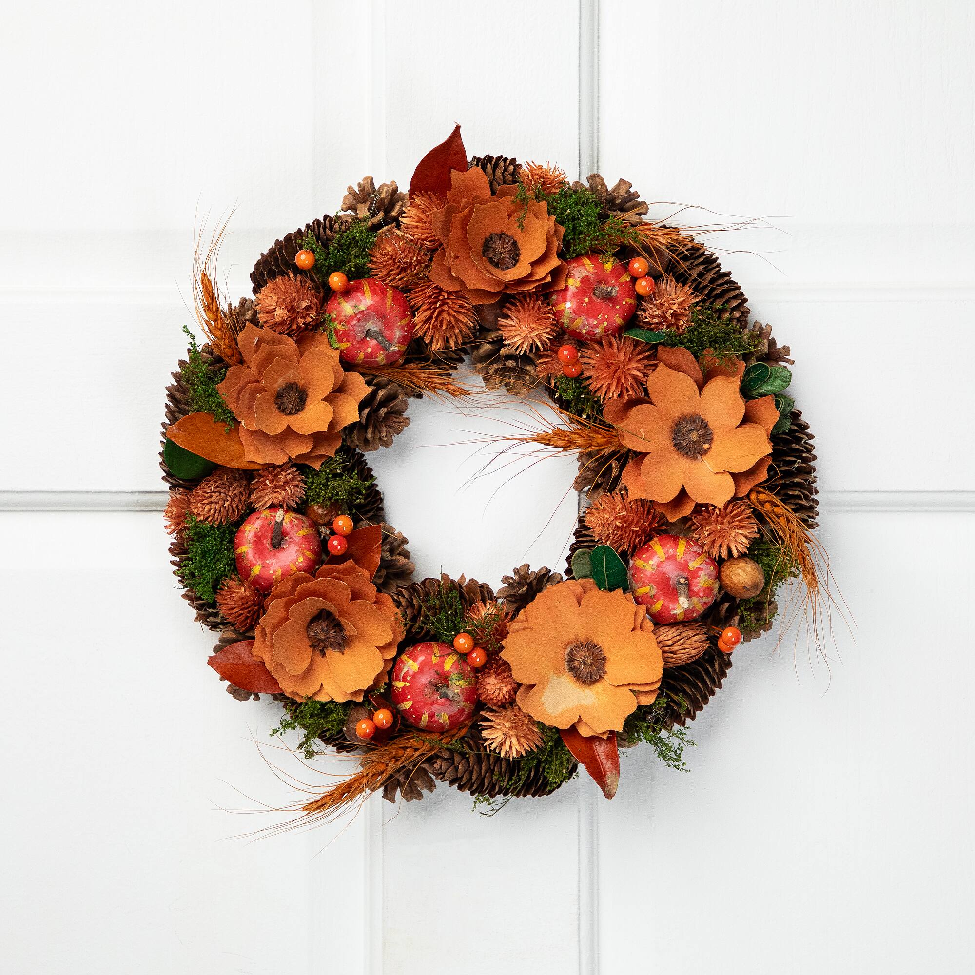 13.25'' Unlit Autumn Harvest Orange Flowers and Gourds Pine Cone Wreath