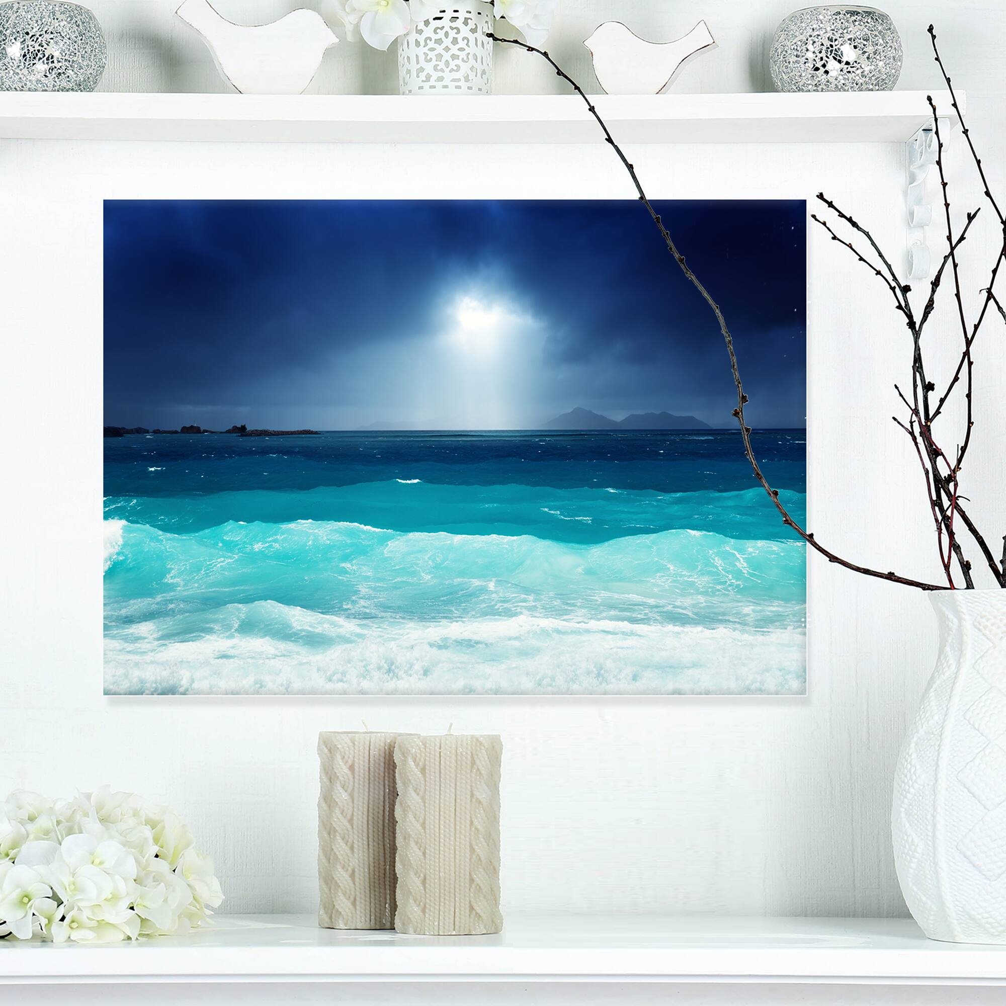 Designart - Neon Sea Waves under Dark Sky