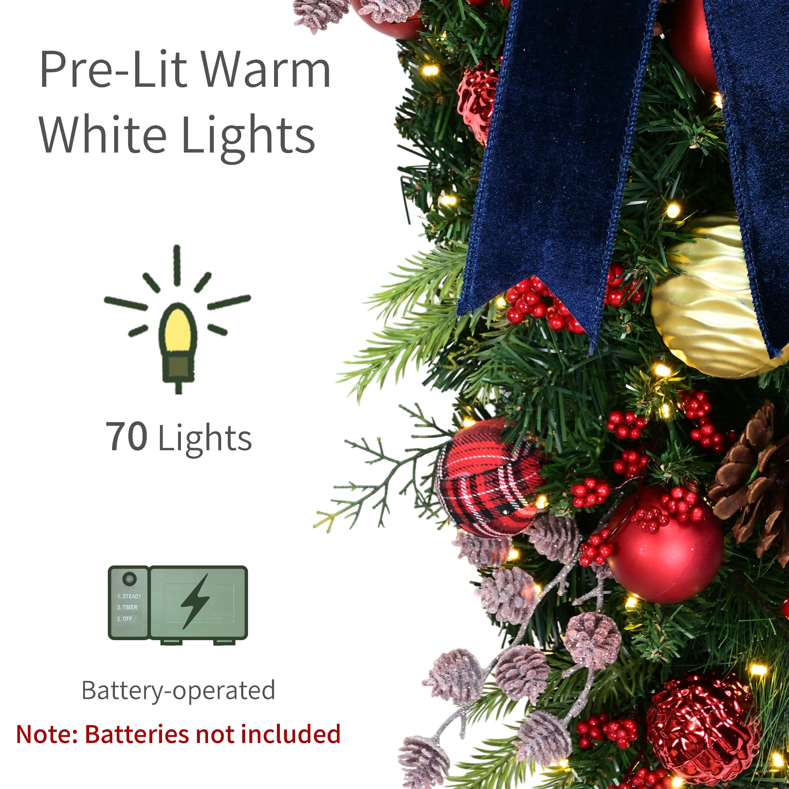 Puleo International 28" Pre-Lit Ornaments & Pinecones Artificial Teardrop Swag