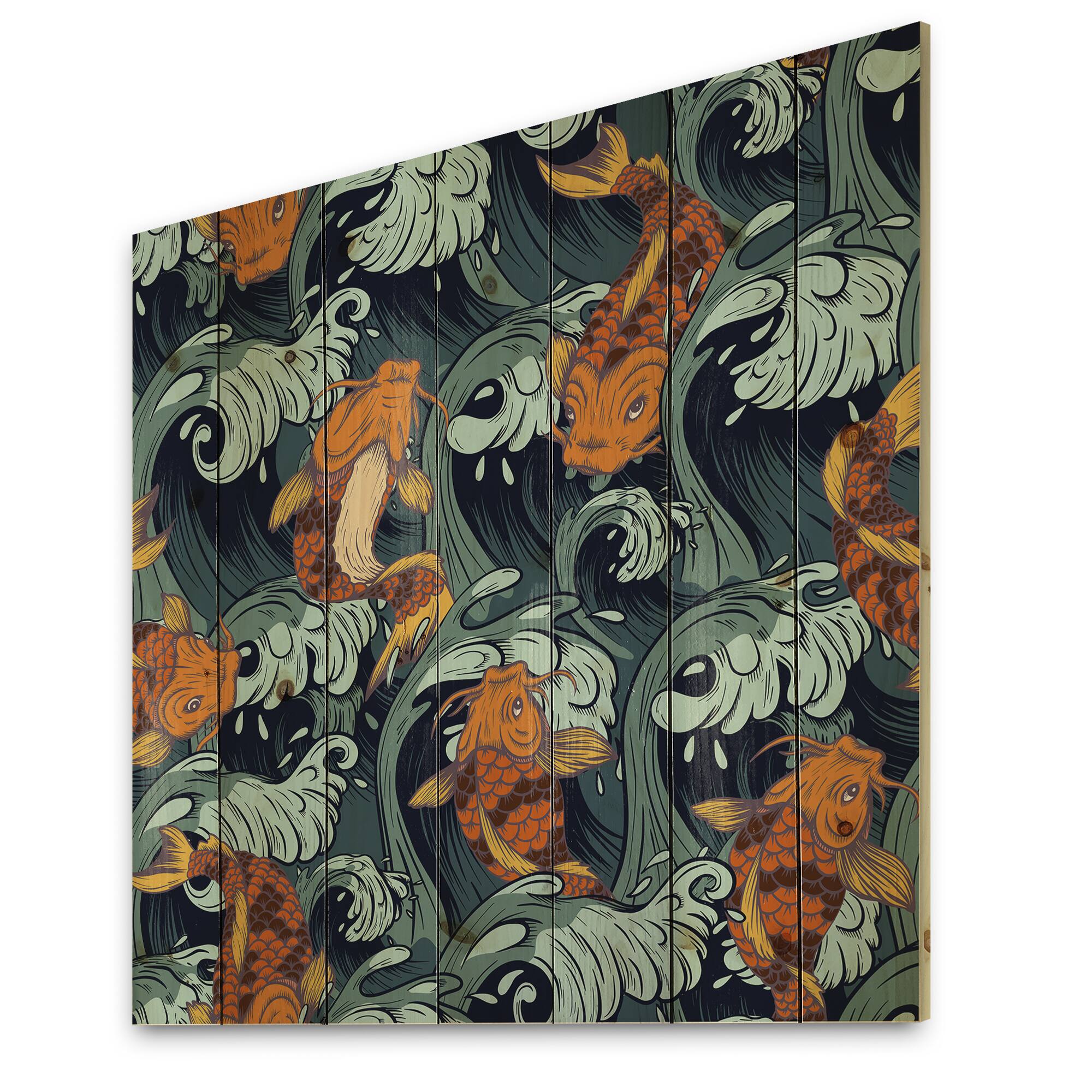 Designart - Japanese Koi Fish - Nautical & Coastal Print on Natural Pine Wood