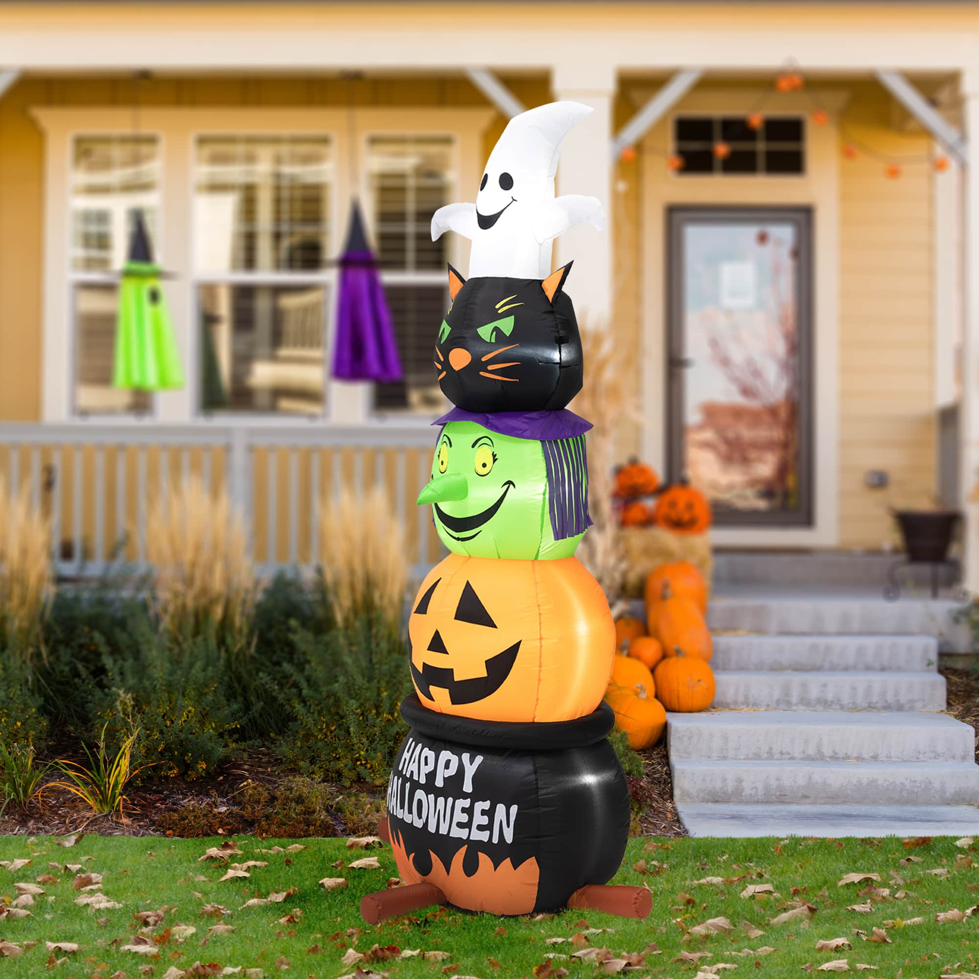 Glitzhome® 8ft. Lighted Halloween Inflatable Stacked Ghost, Black Cat, Witch & Pumpkin Décor