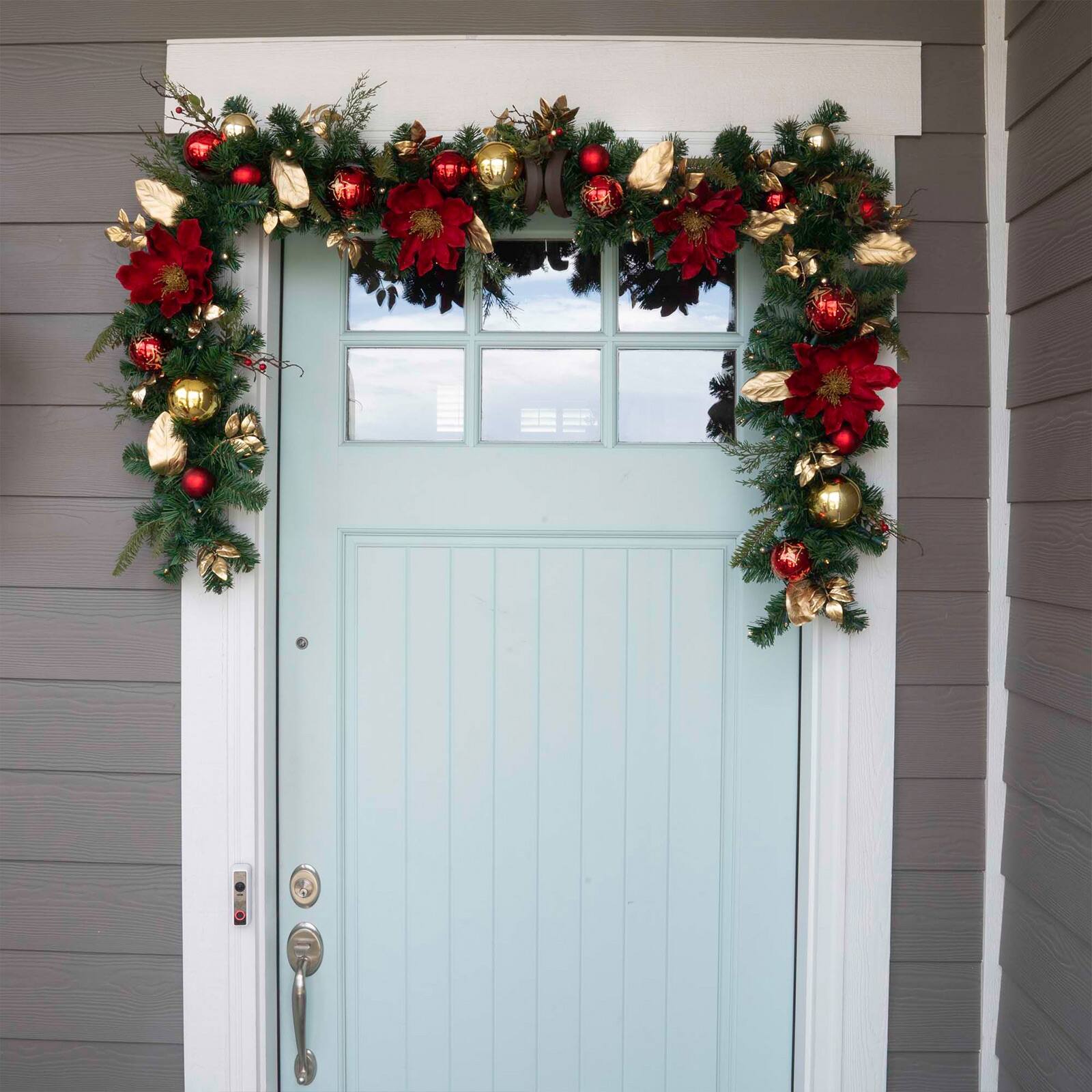 9 ft. Pre-Lit LED Golden Leaf Red Magnolia Artificial Christmas Garland