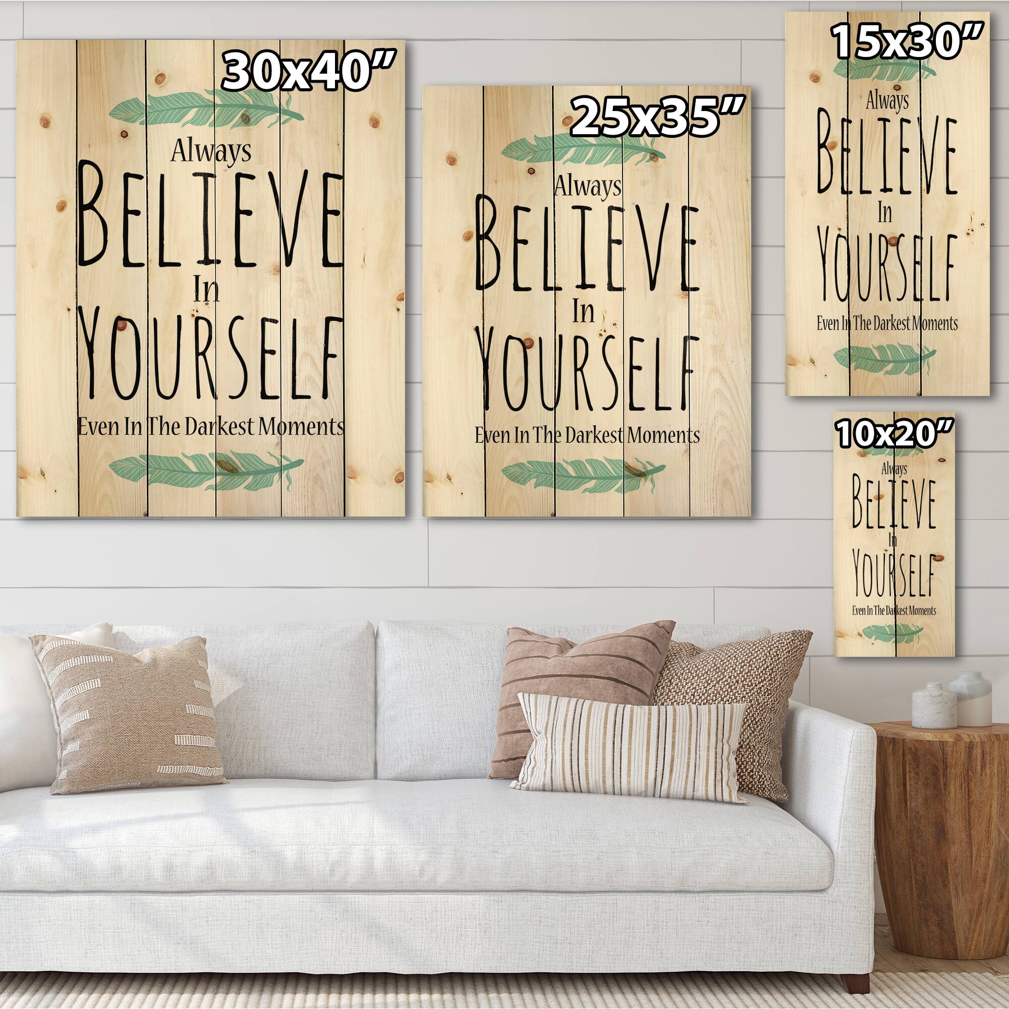Designart - Believe In Yourself In On White - Traditional Print on Natural Pine Wood