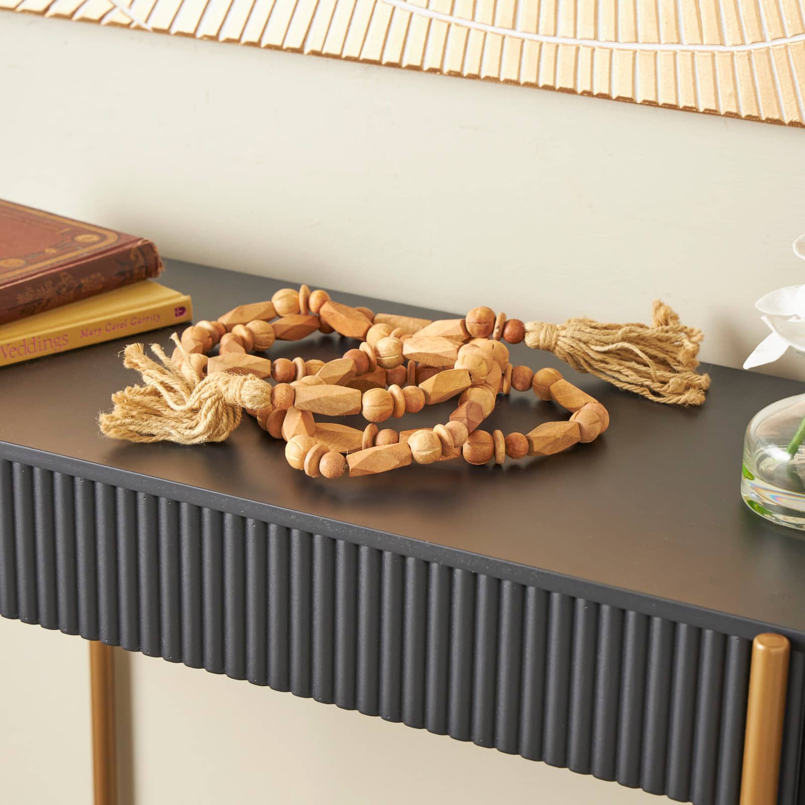 7ft. Brown Mango Wood Handmade Rectangle Carved Geometric Long Beaded Garland with Tassel