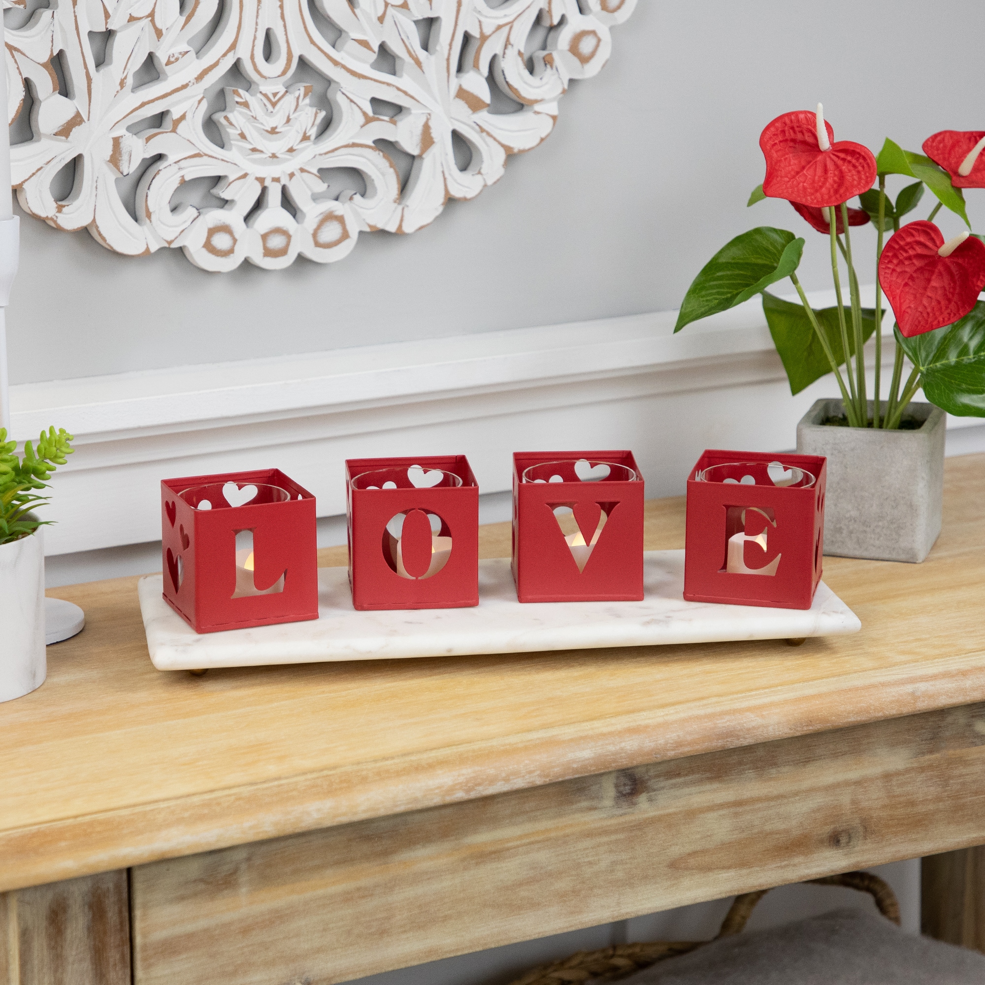 Valentine's Day Red Love Blocks Metal Votive Candle Holders Set