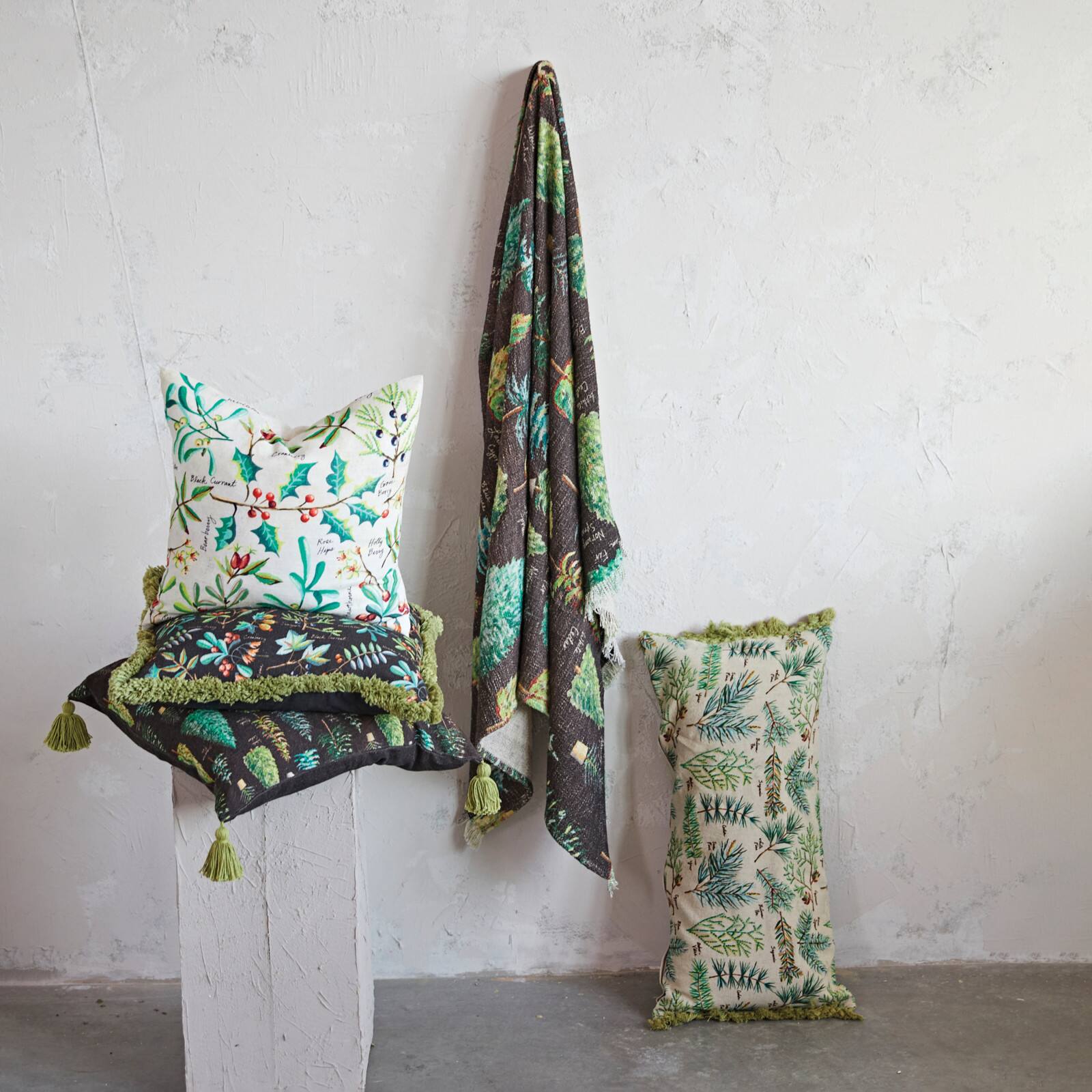Hello Honey® 20" Evergreens Printed Two-Sided Viscose & Linen Pillow with Tassels