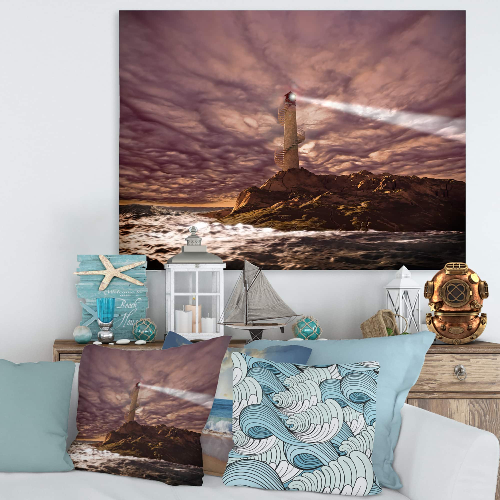 Designart - Lighthouse Shining Light During Stormy Night I