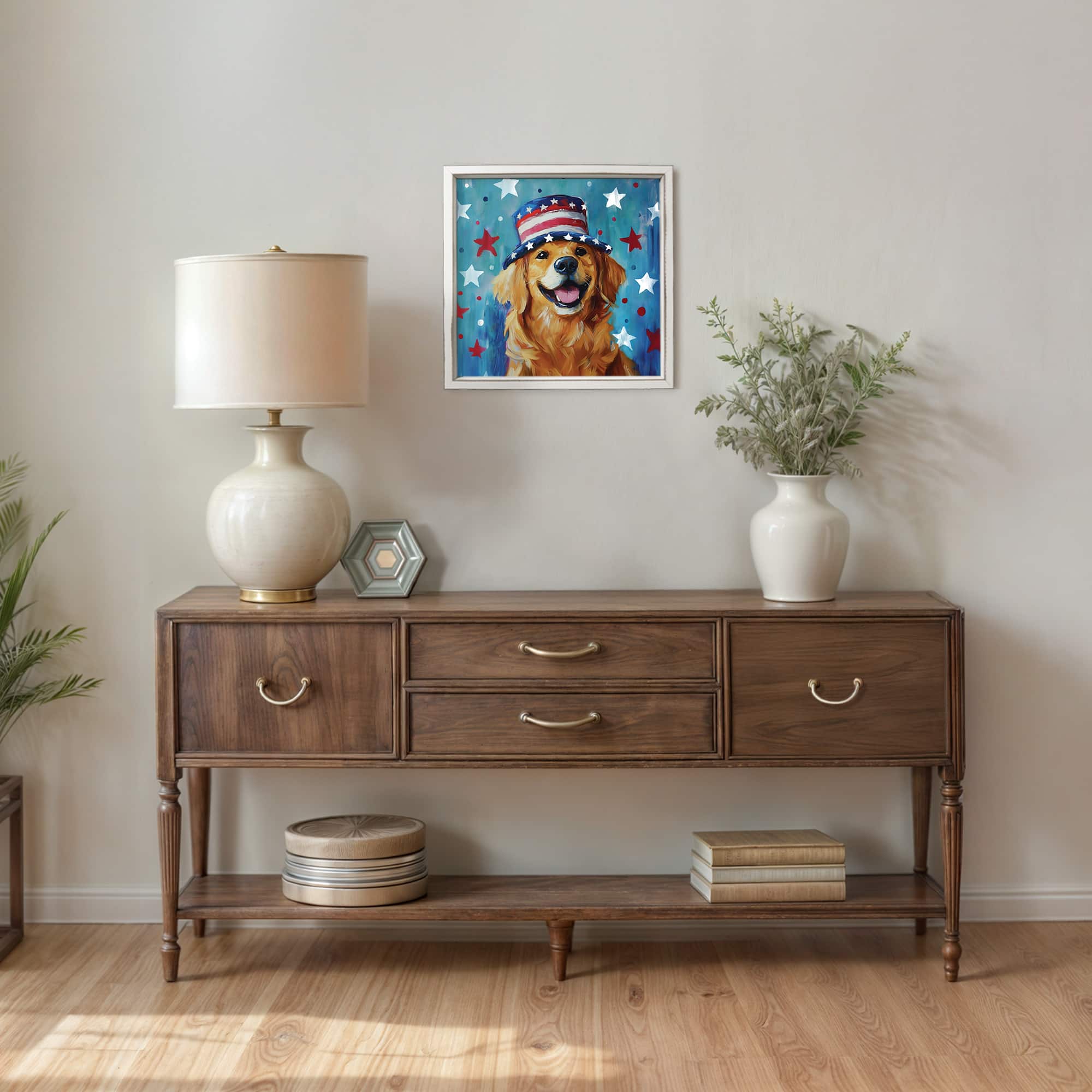16" x 16" Patriotic Golden Retriever Framed Print