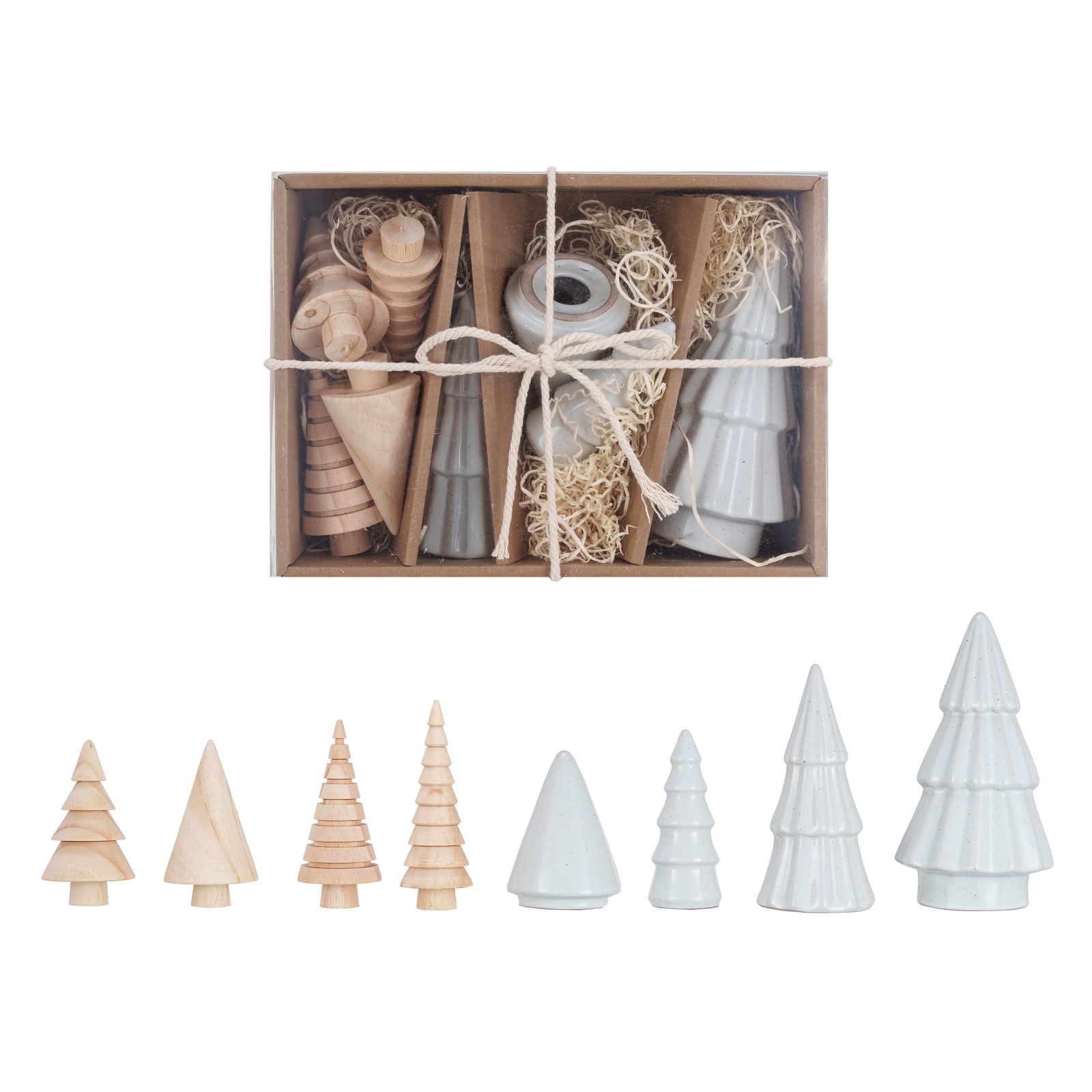 Hello Honey® White & Natural Stoneware & Wood Christmas Trees Set