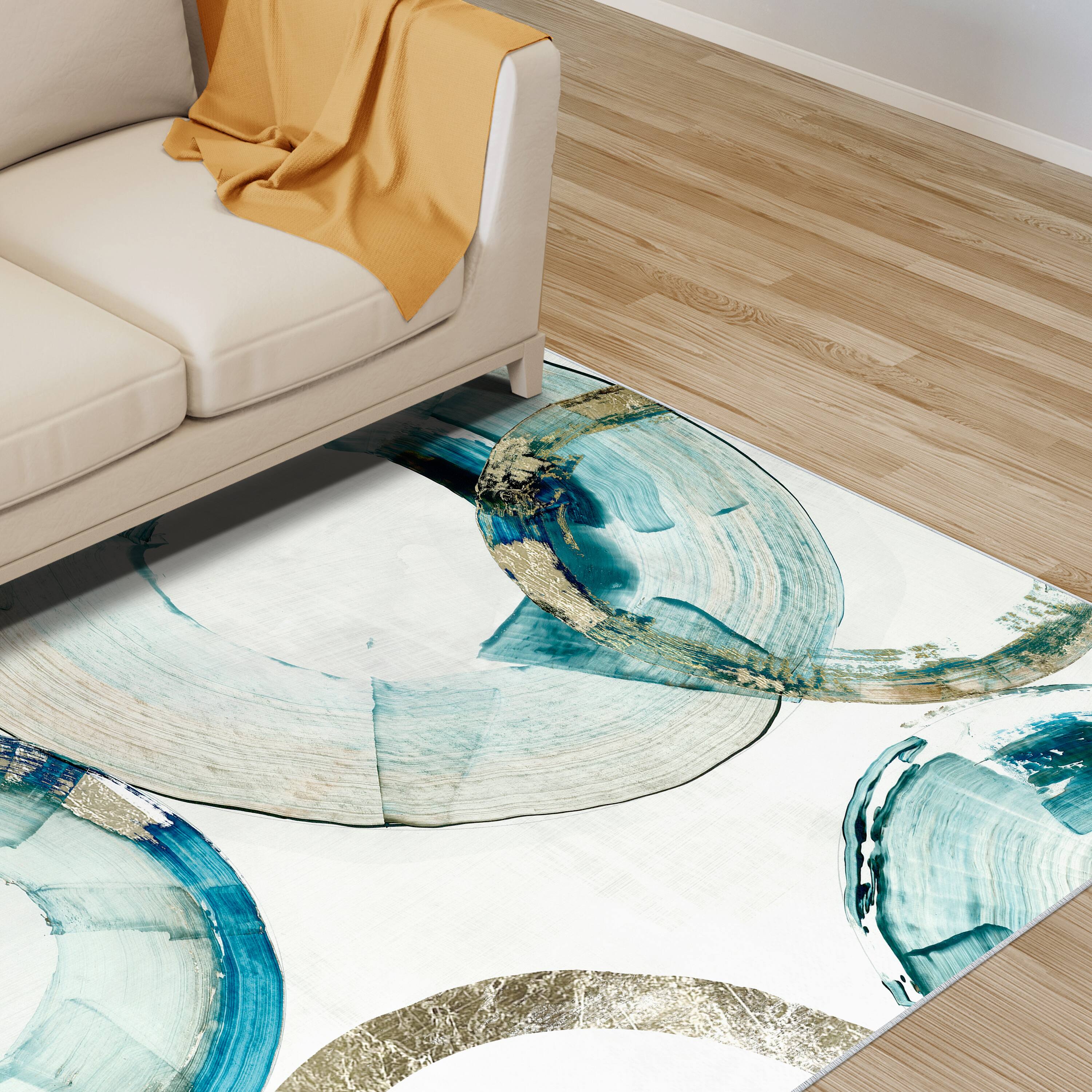 Empire Art Direct 5ft. x 7.5ft. Blue & Gold Rings Area I Tapis D'Art Washable Geometric Area Rug