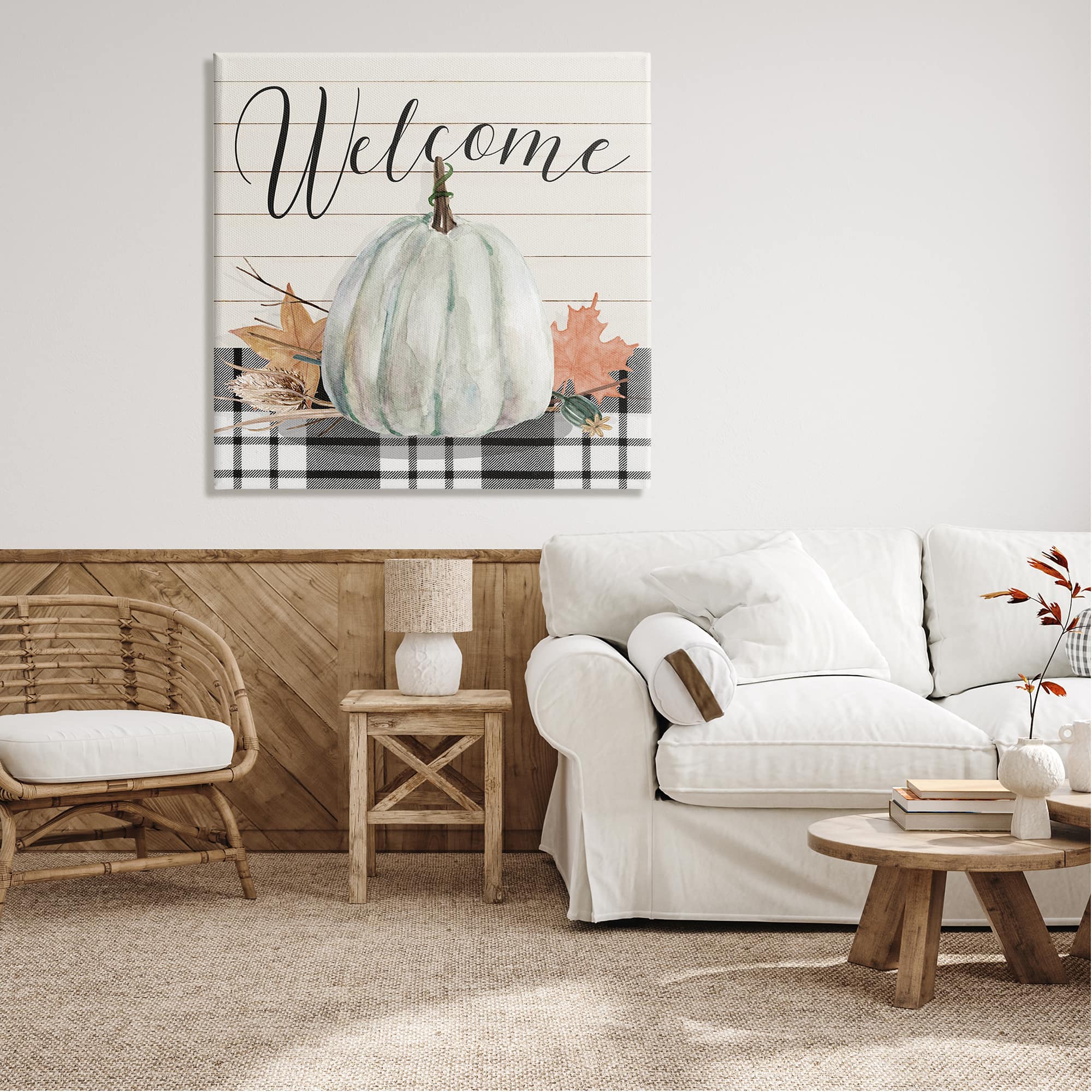 Stupell Industries Welcome Plaid Pumpkin Sign Canvas Wall Art