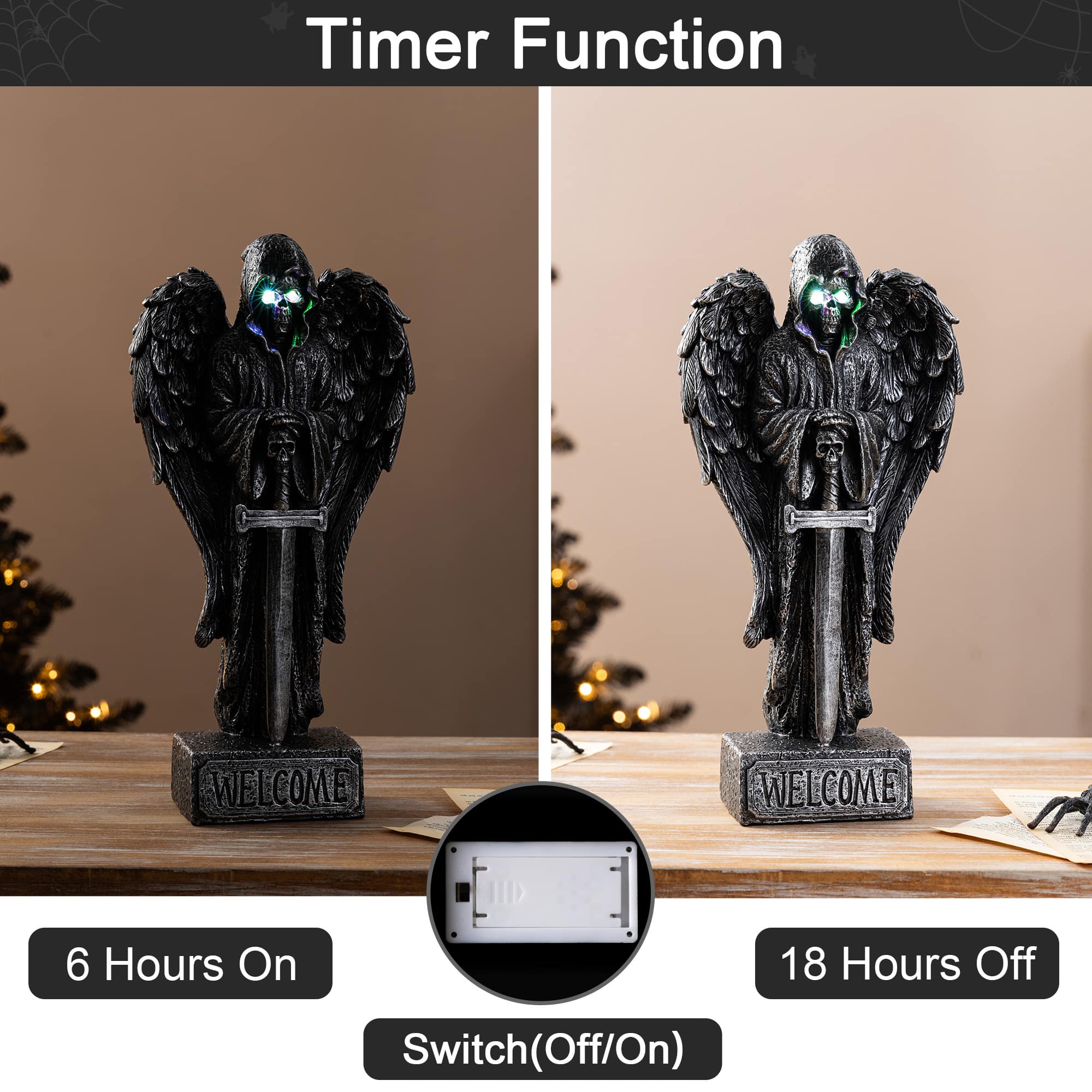 Glitzhome® 12" Halloween Lighted Resin Grim Reaper Table Decor with Timer