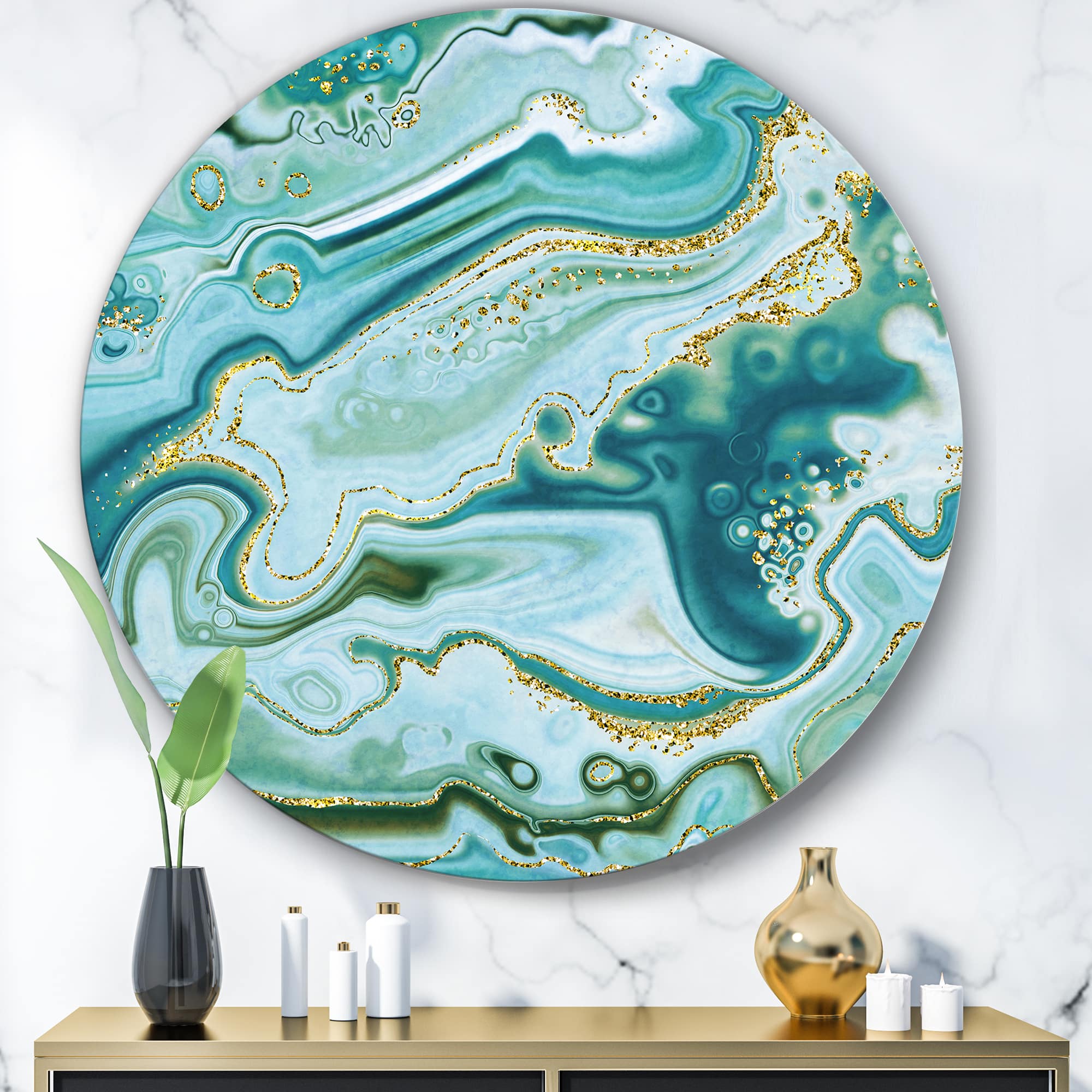 Designart - Ocean Blue Golden Marble - Modern Round Circle Metal Wall Decor