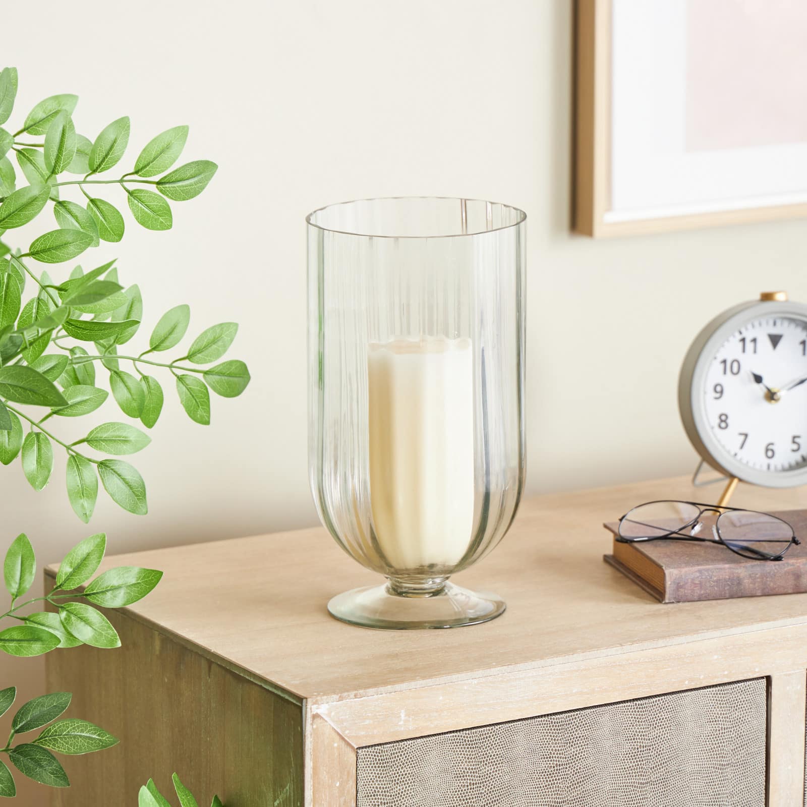 Clear Glass Ribbed Fluted Decorative Candle Holder with Elevated Base