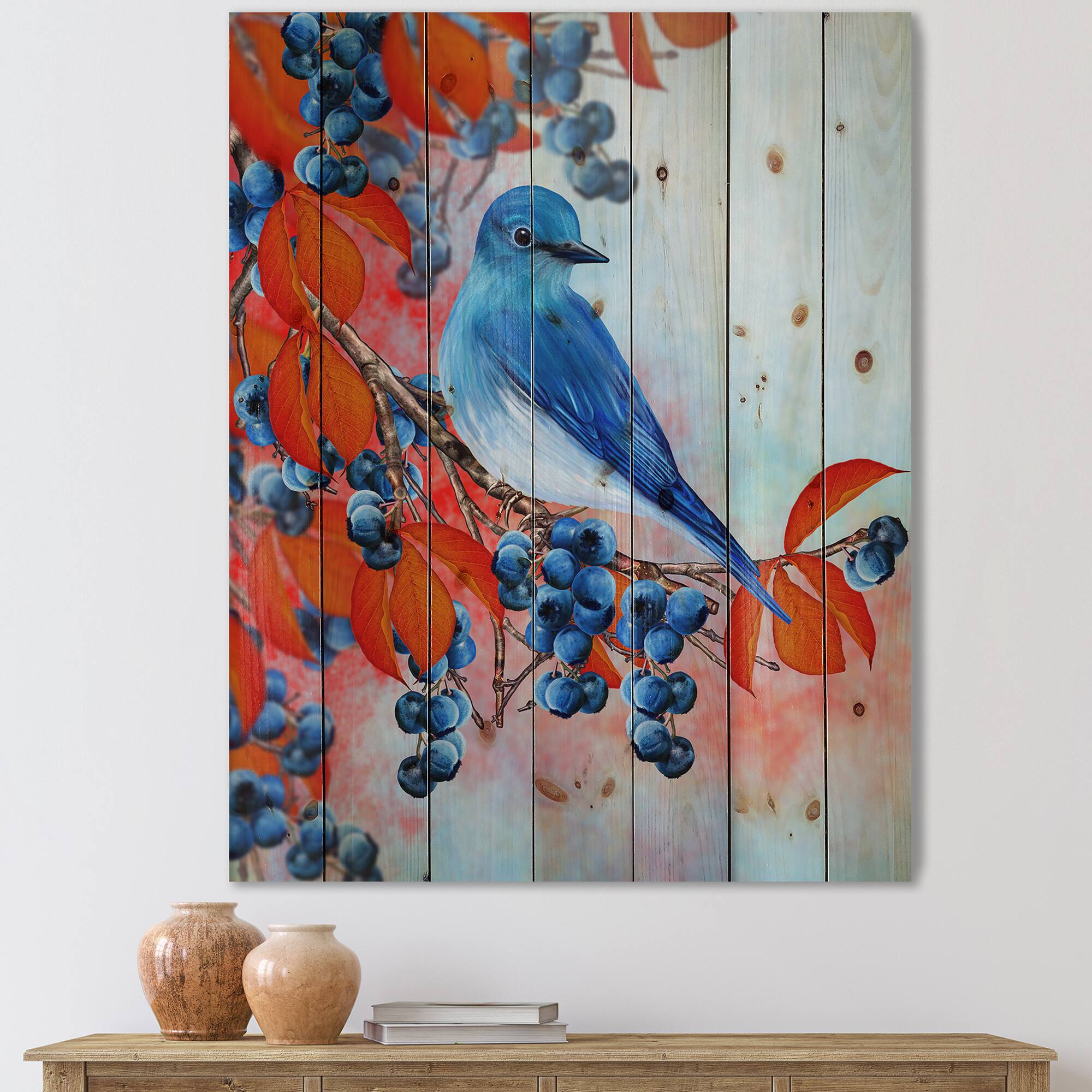 Designart - Bright Bird Bullfinch Sitting On A Branch III - Traditional Print on Natural Pine Wood