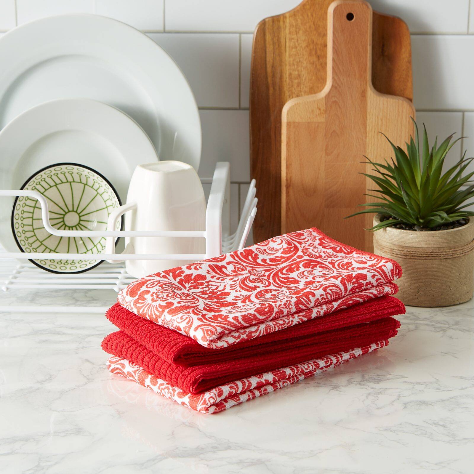 Red Damask Microfiber Dishtowel, 4ct.