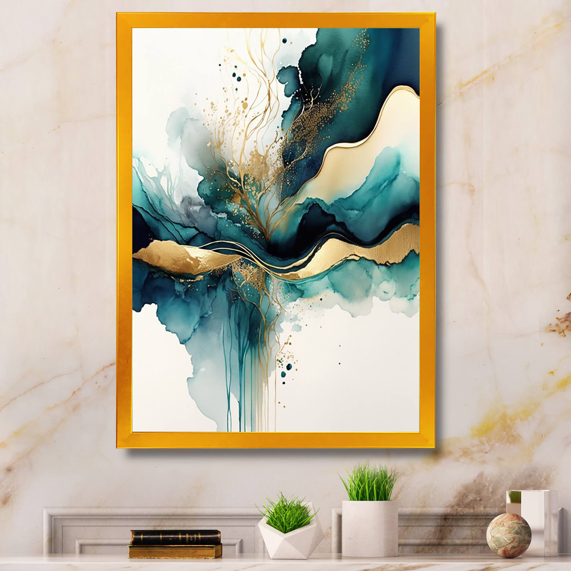 Designart 'Teal And Gold Abstract Expression III' Modern Framed Canvas Wall Art