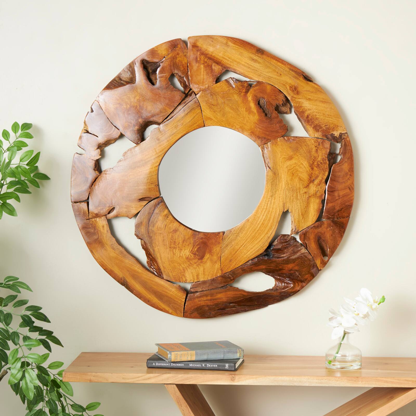 Ivory and Iris 32" Brown Teak Wood Live Edge Wall Mirror