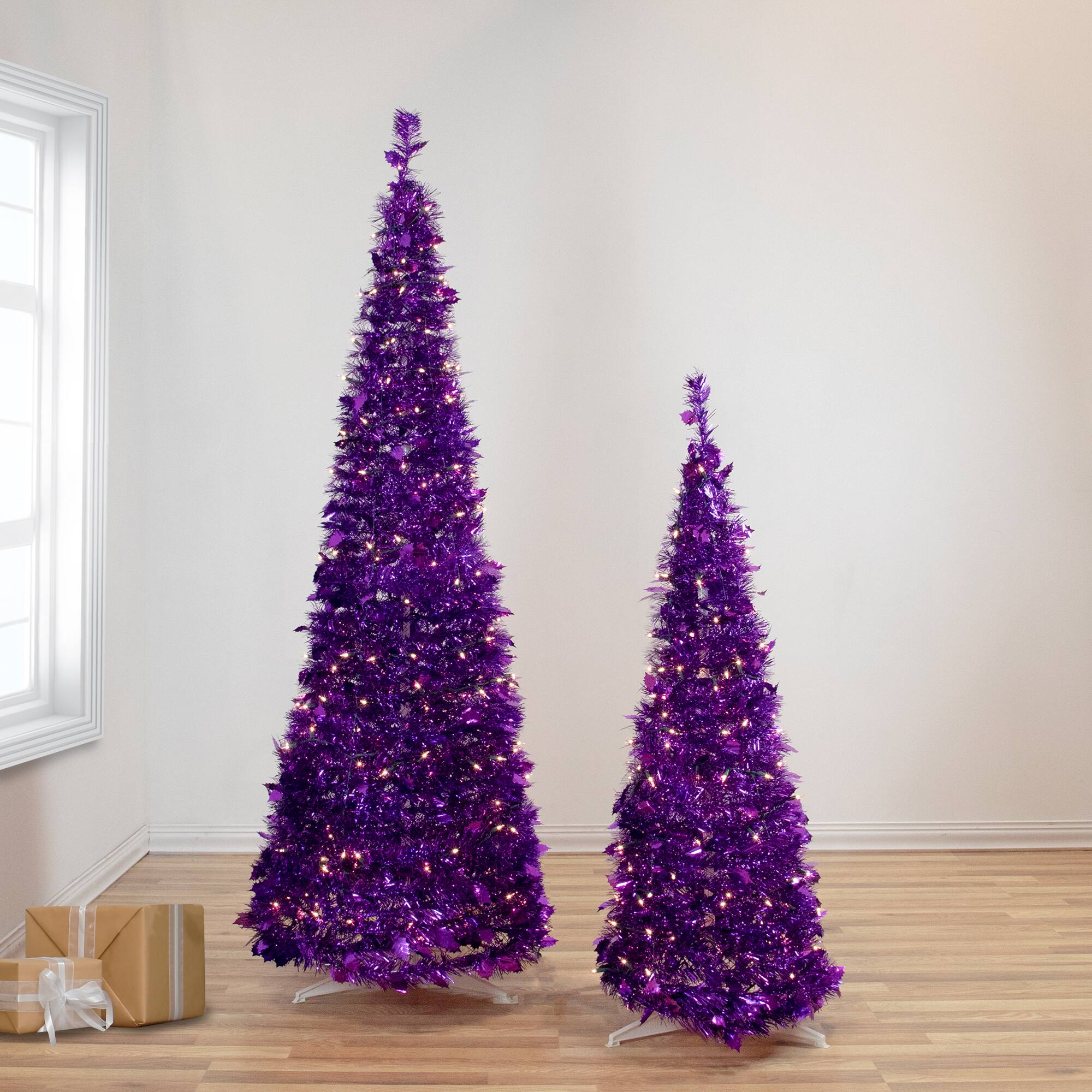 6ft. Pre-Lit Purple Tinsel Pop-Up Artificial Christmas Tree, Clear Lights