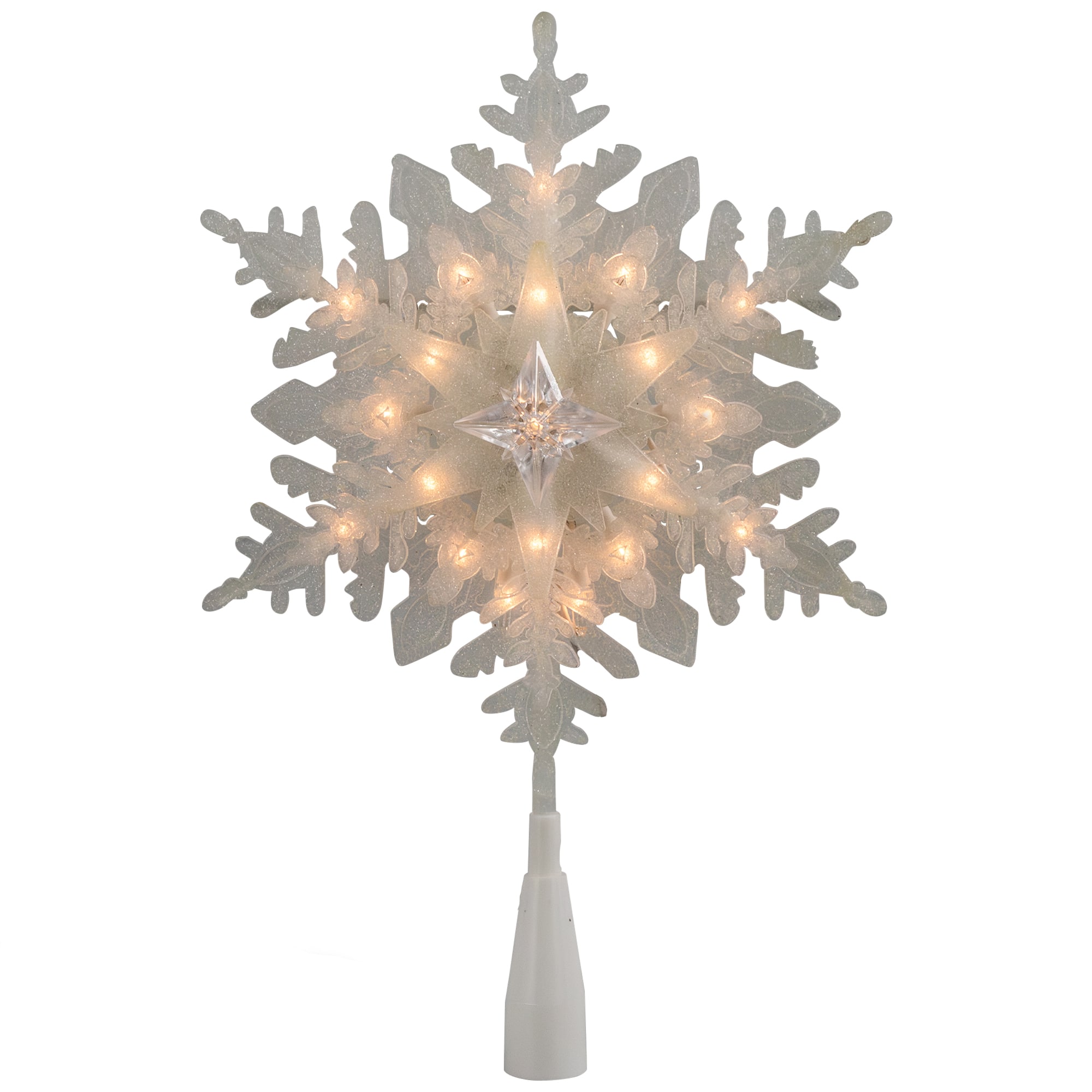 10" Lighted White Frosted Stacked Snowflake Christmas Tree Topper, Clear Lights
