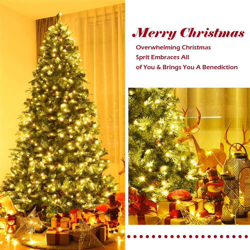 Costway 8ft. Pre-Lit Pinecones Hinged Artificial Christmas Tree, Warm White LED Lights