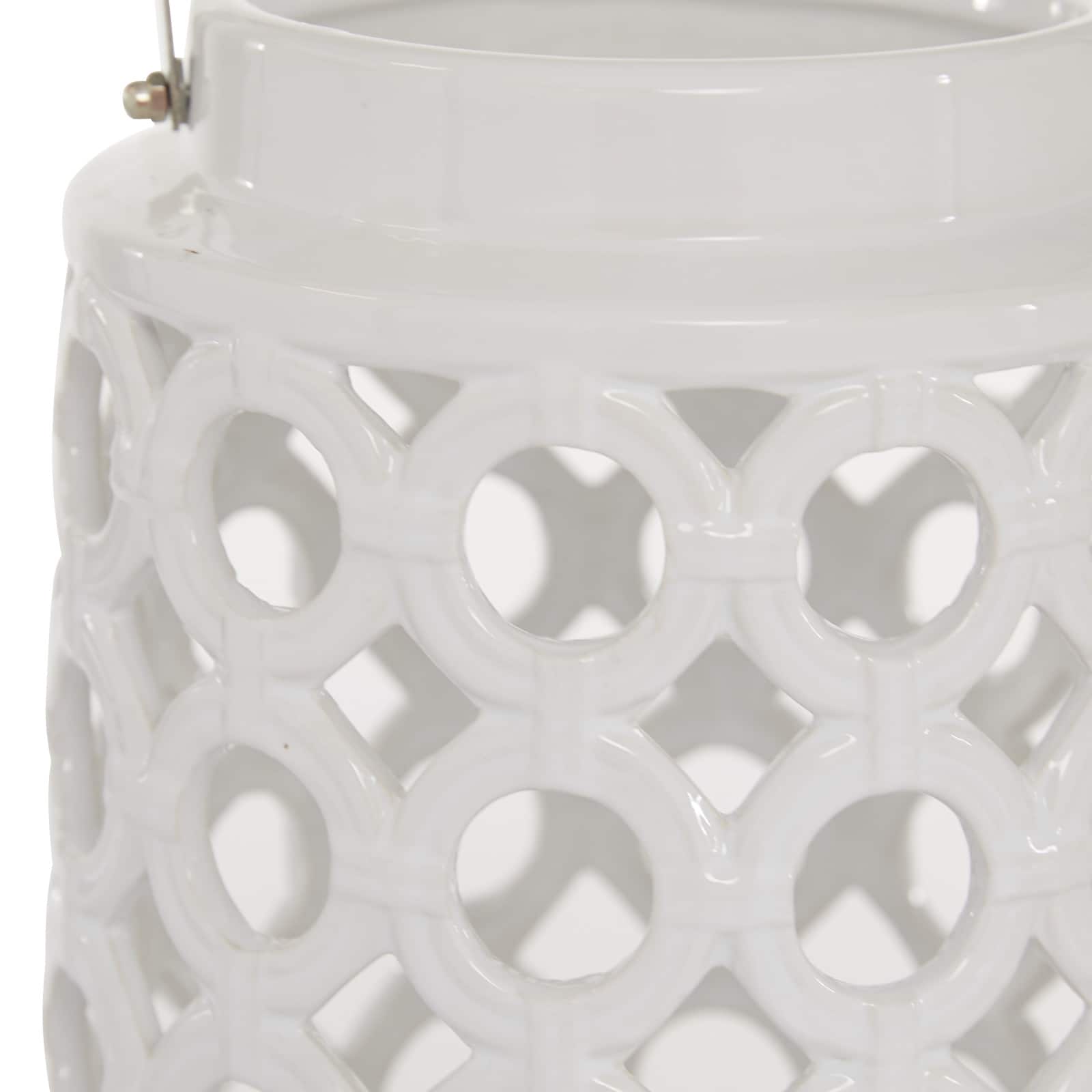 White Ceramic Contemporary Candle Holder Lantern, 11" x 7" x 8"