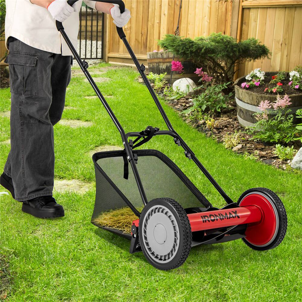 Costway Ironmax Red & Black Push Lawn Mower with 5-Blade Removable Grass Catcher