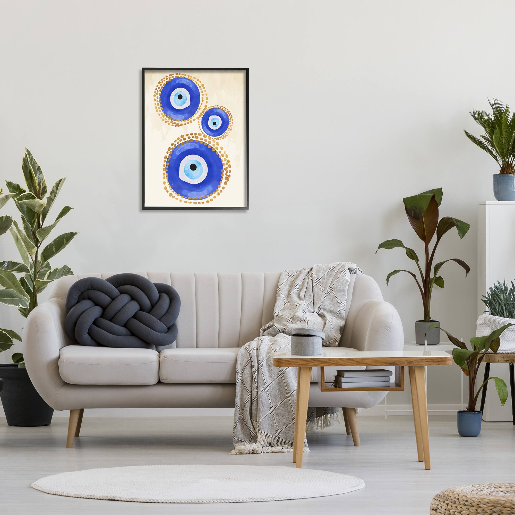 Stupell Industries Round Blue Evil Eye Pattern Dotted Detail Framed Giclee Art