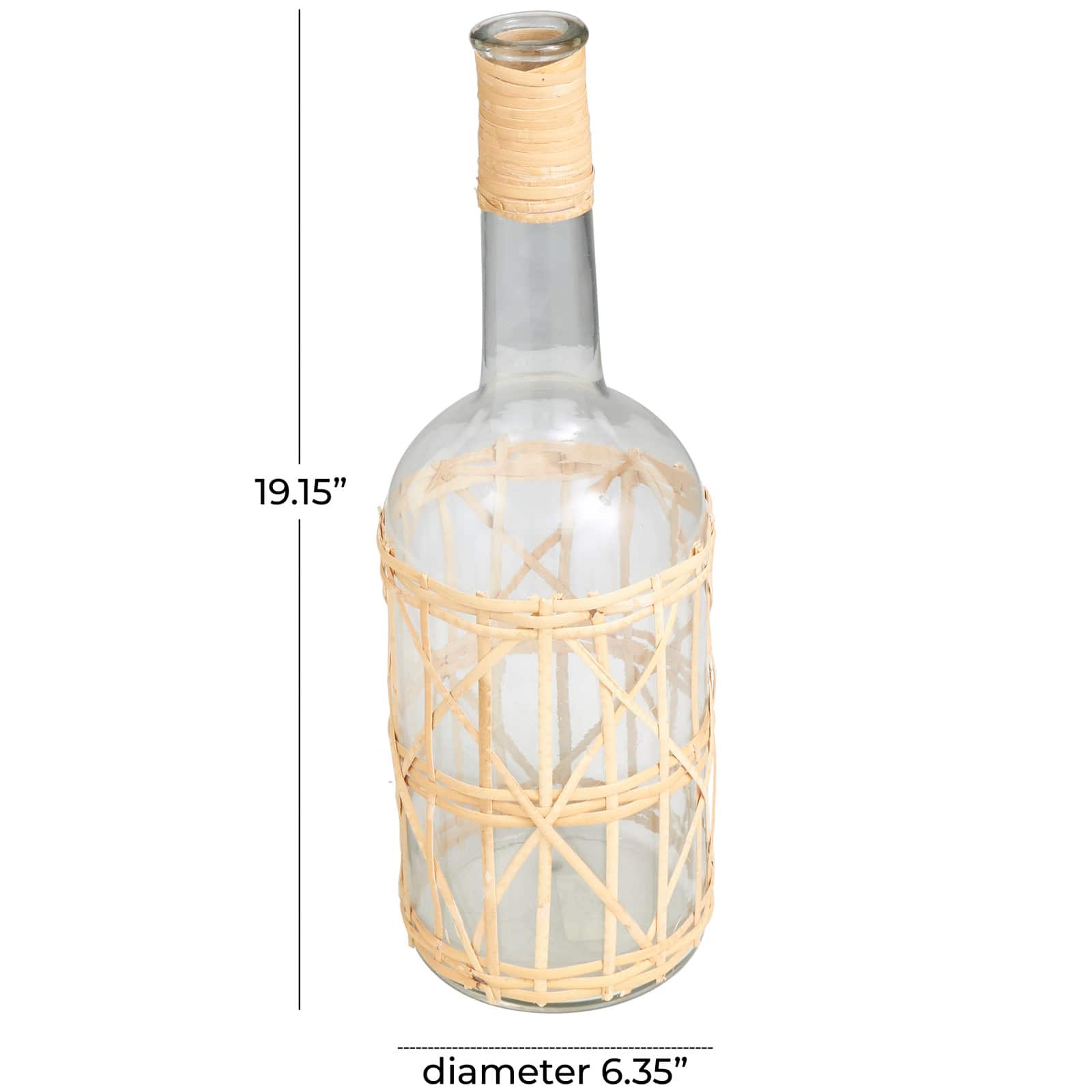 19" Clear Glass Handmade Vase with Light Brown Rattan Woven Body & Neck