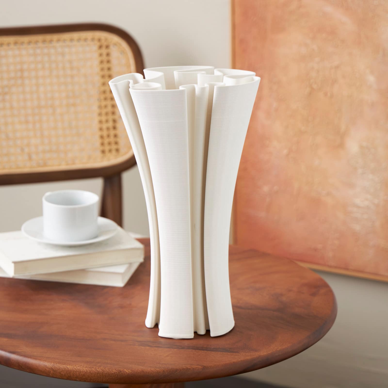 White Ceramic Abstract Ribbed Dimensional Folded Vase with Curvy Rim