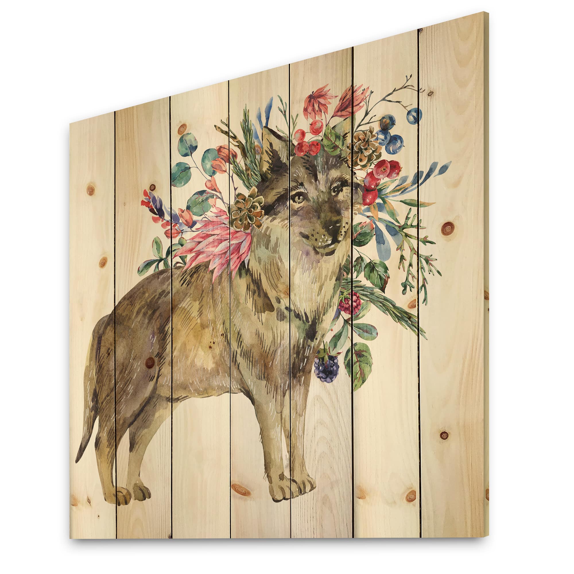 Designart - Wolf With Woodland Flowers - Farmhouse Print on Natural Pine Wood
