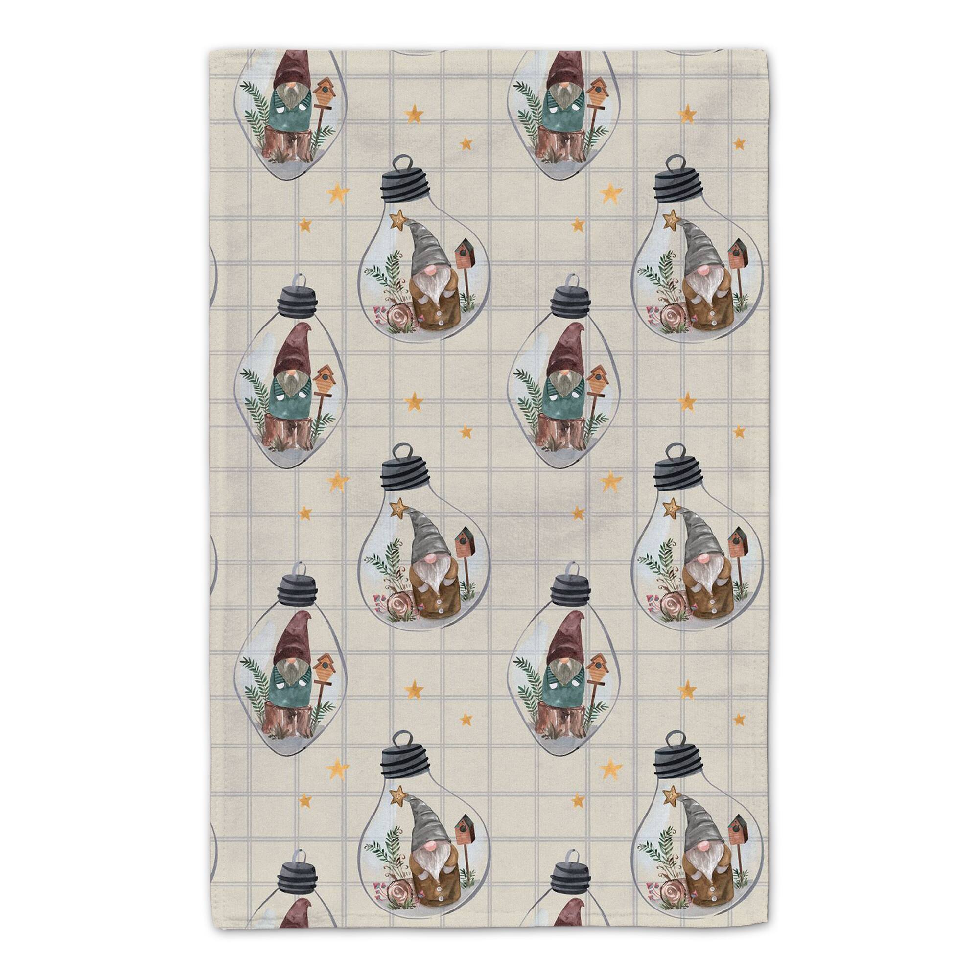 Welcome to our Cabin Cream and Check Gnome Globe Pattern Tea Towel