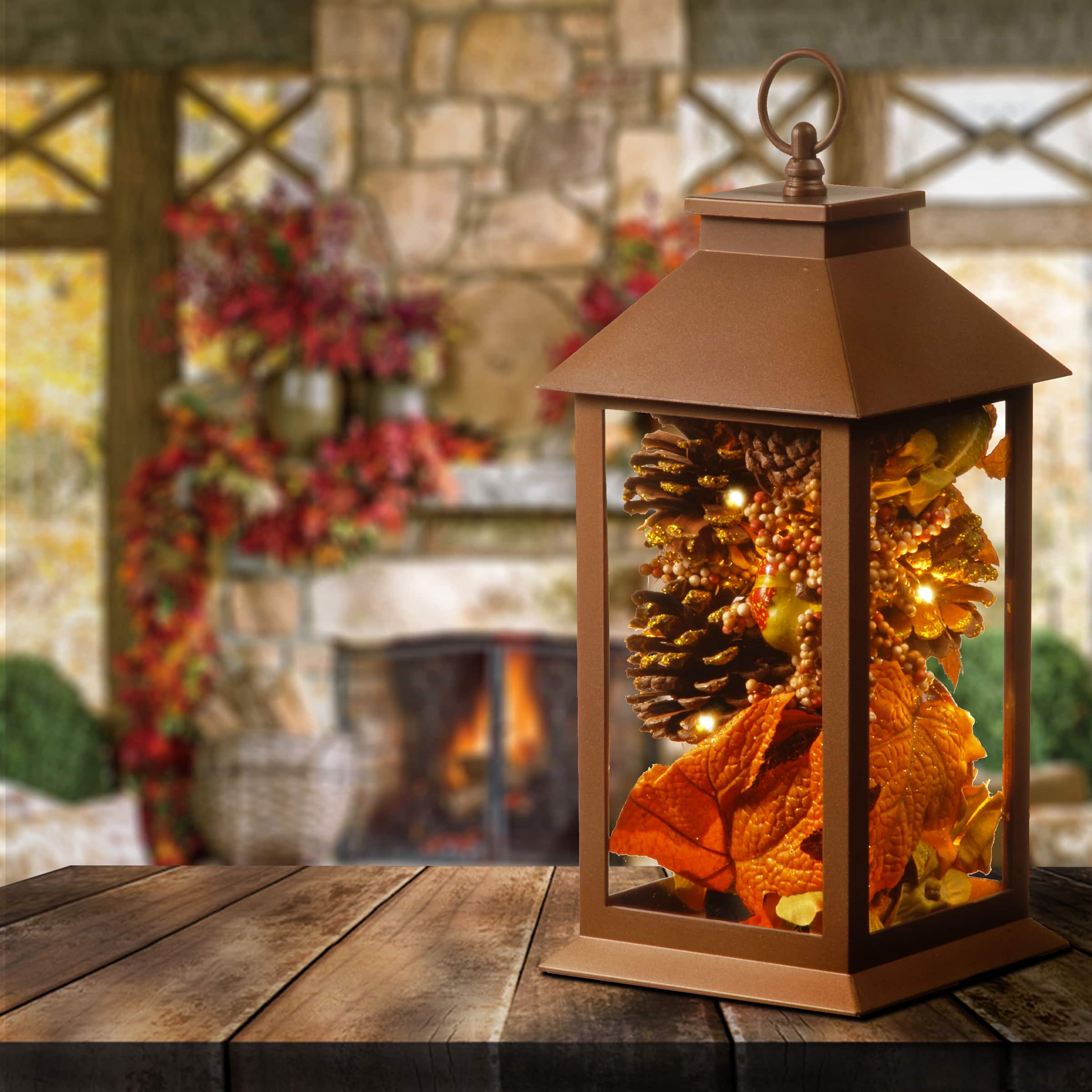 15" Harvest Arrangement in LED Lantern