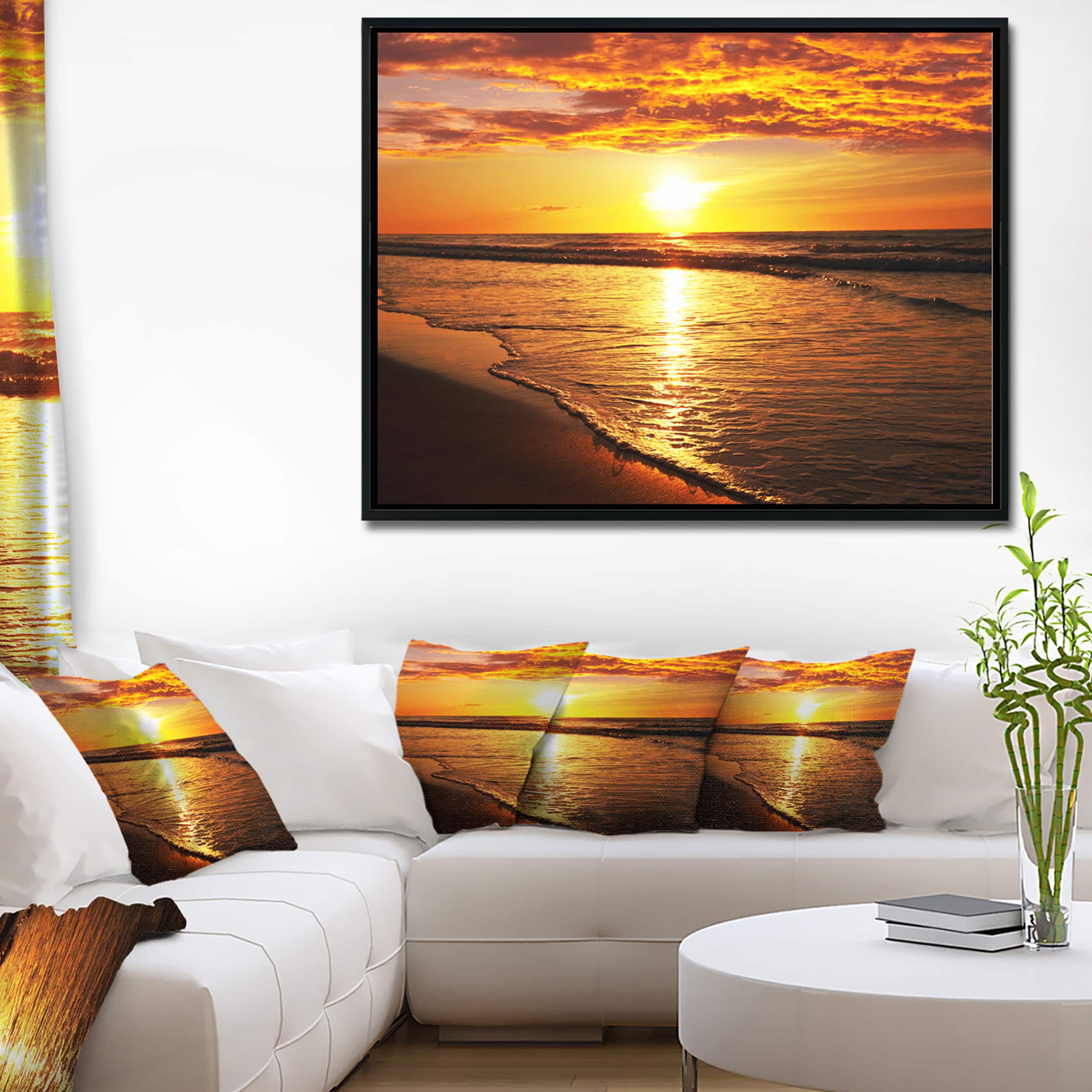 Designart - Bright Yellow Sunset over Waves - Modern Beach Canvas Art Print in Black Frame