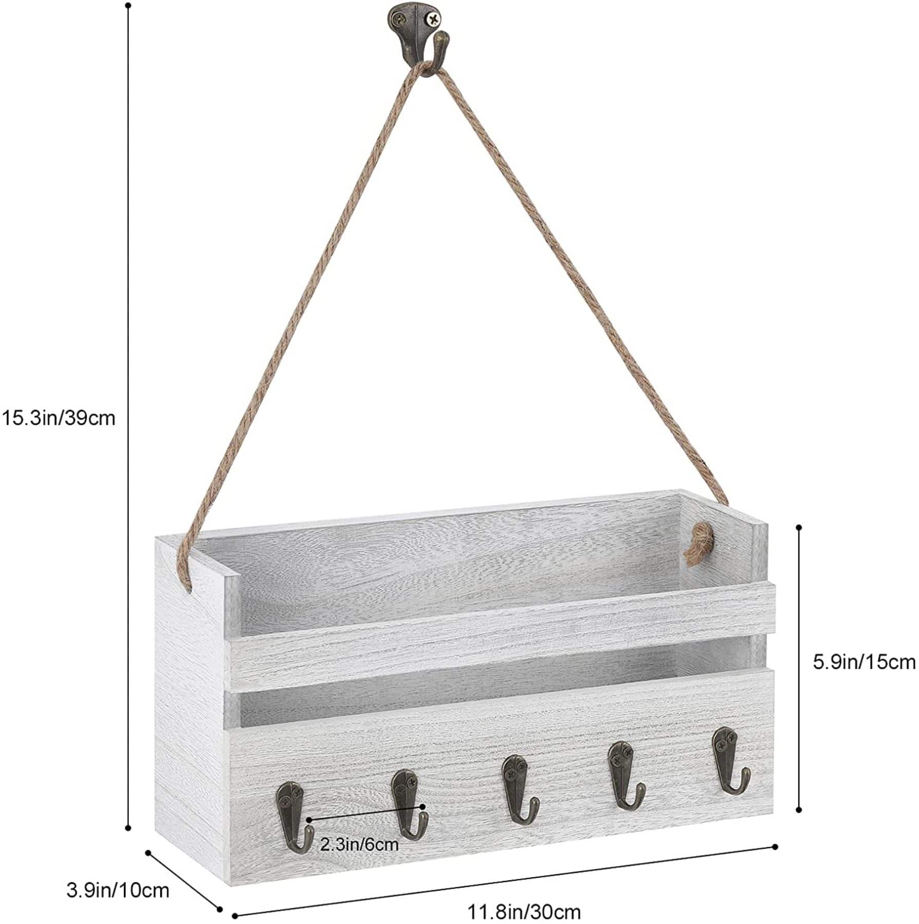 NEX™ Gray-Whitewash Hanging Wall-Mounted Mail Organizer with 5 Hooks