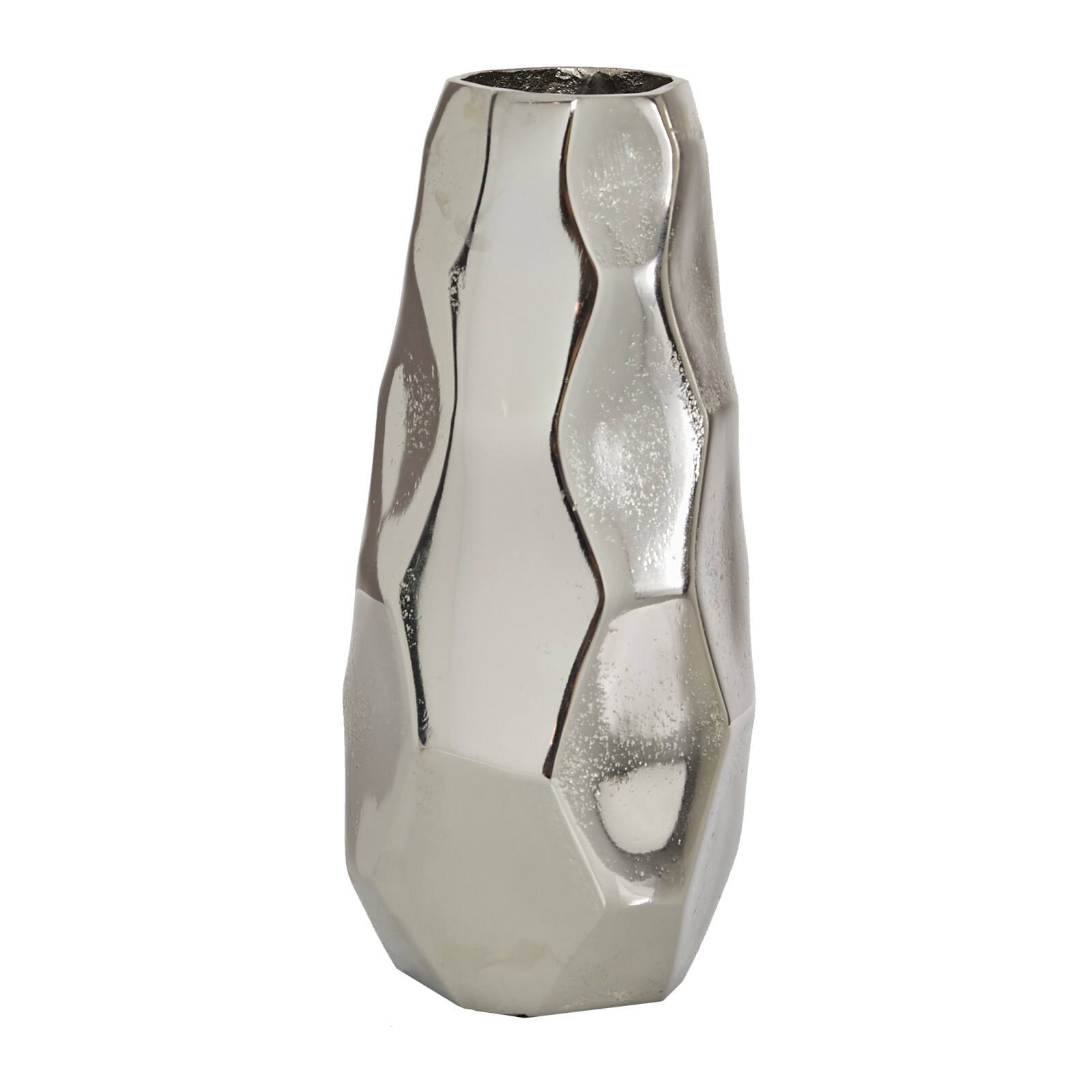 Contemporary Geometric-Style Metallic Silver Aluminum Vase, 12" x 5.7" x 5.4"