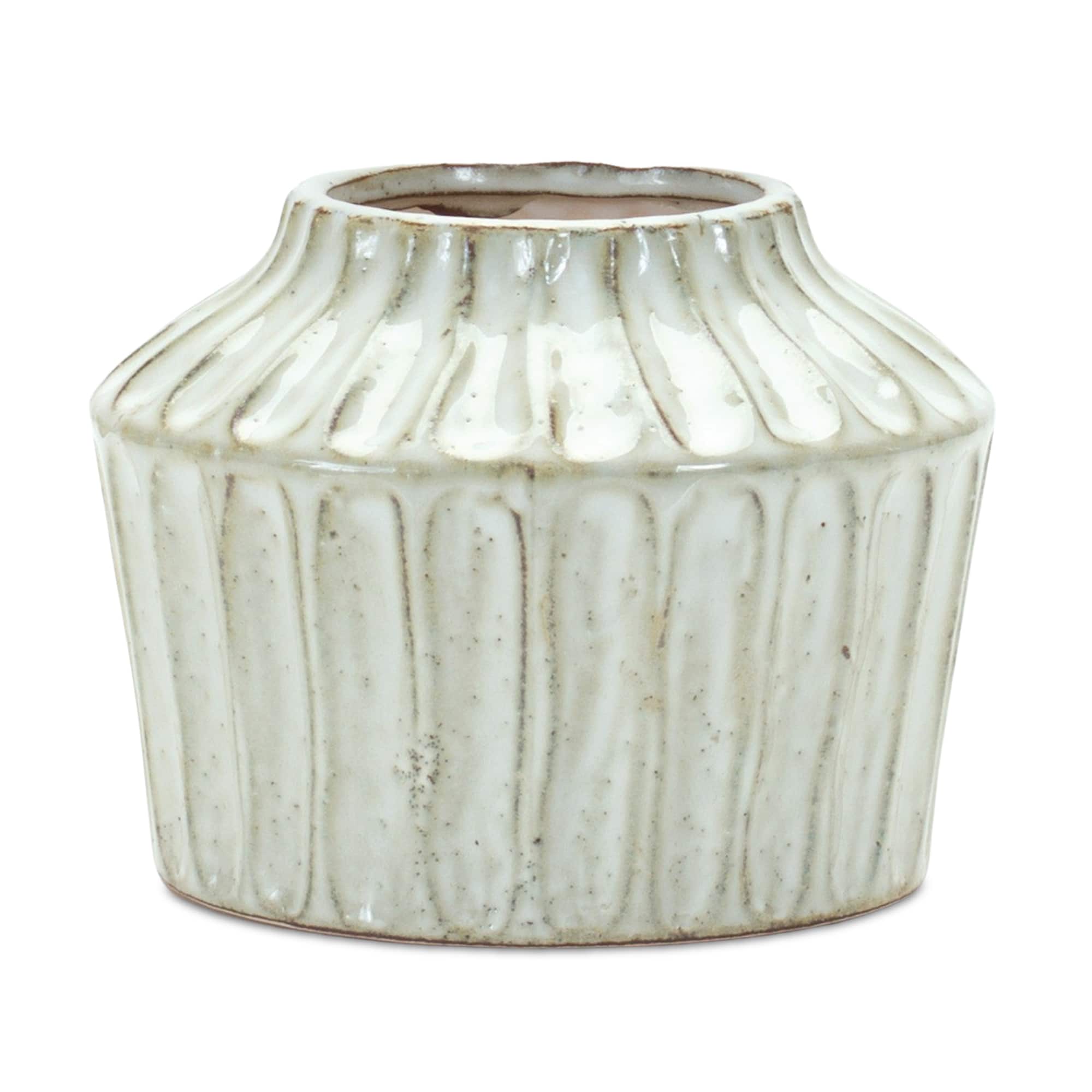 5" Ivory Ribbed Terracotta Vase
