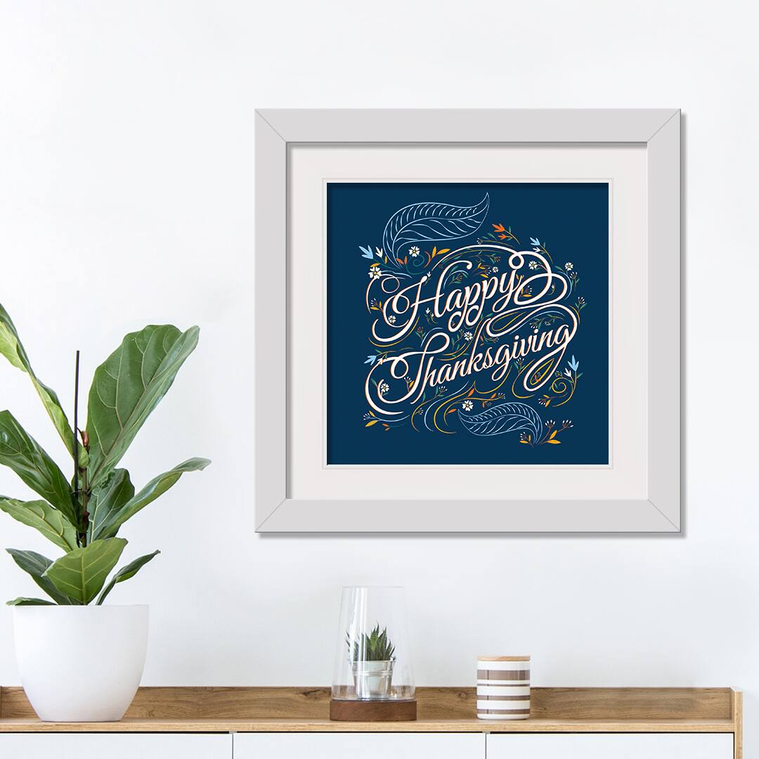 Navy Happy Thanksgiving Fall Print in White Frame