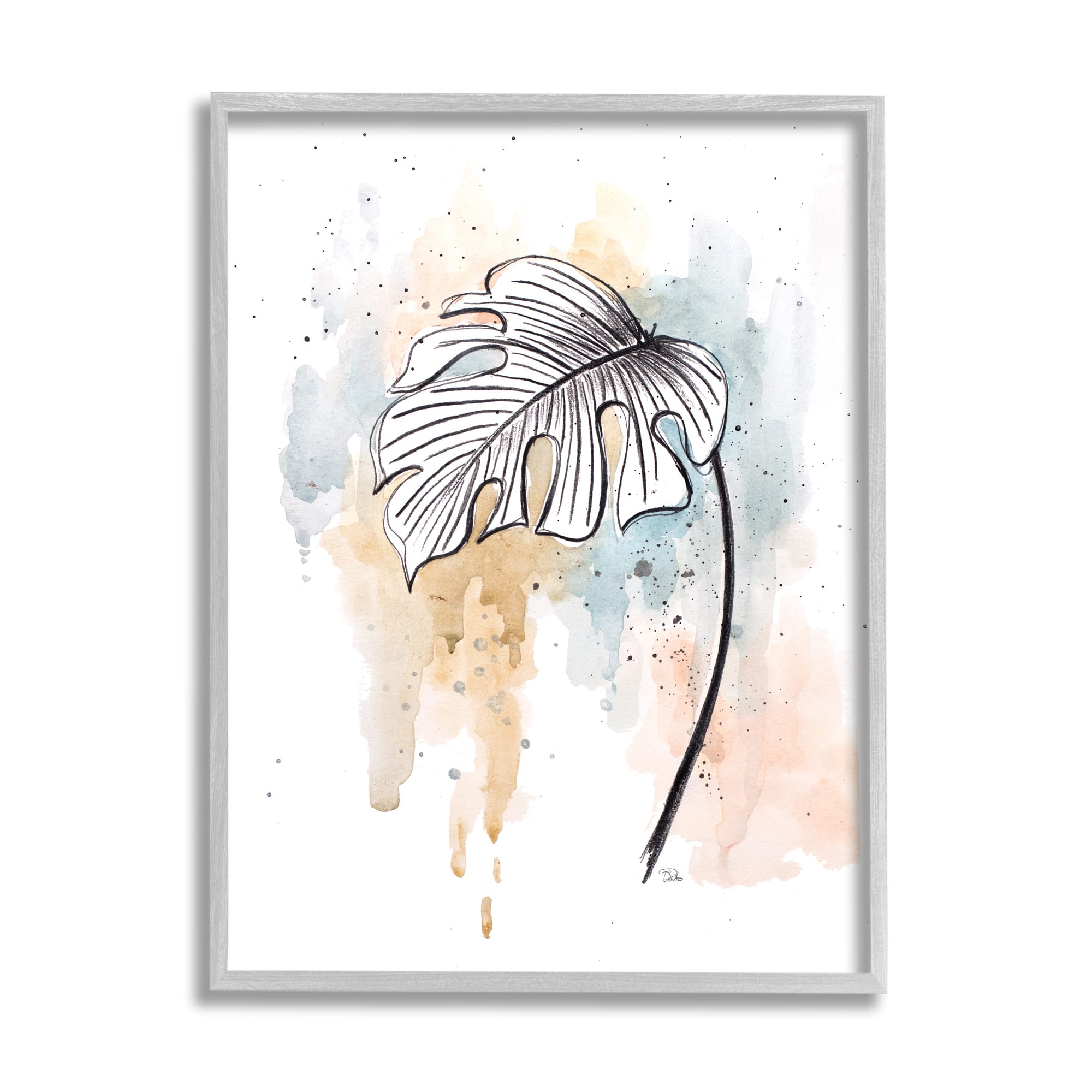 Stupell Industries Monstera Plant Stem Blue Brown Splatter Watercolor in Gray Frame Wall Art