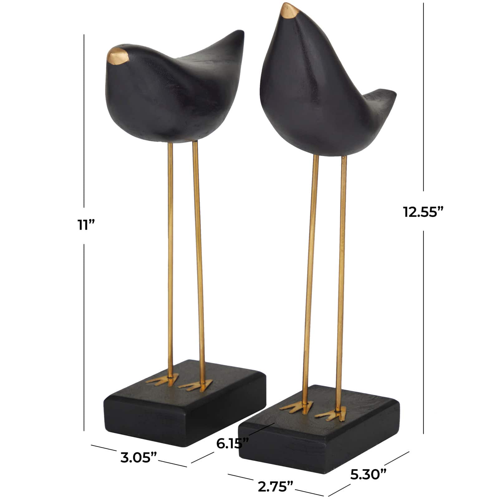 Black Wood Traditional Bird Sculpture, Set of 2" 13", 11"