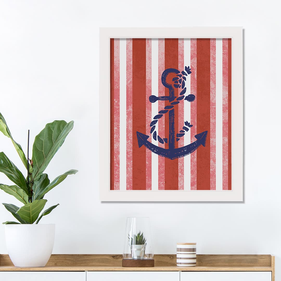 Red Stripes & Blue Anchor White Framed Nautical Wall Décor