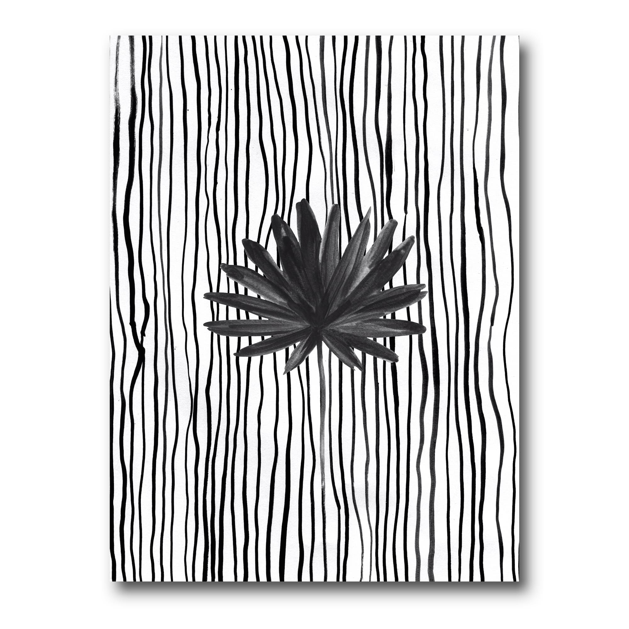 Designart - Black and White Tropical Leaf On Striped III