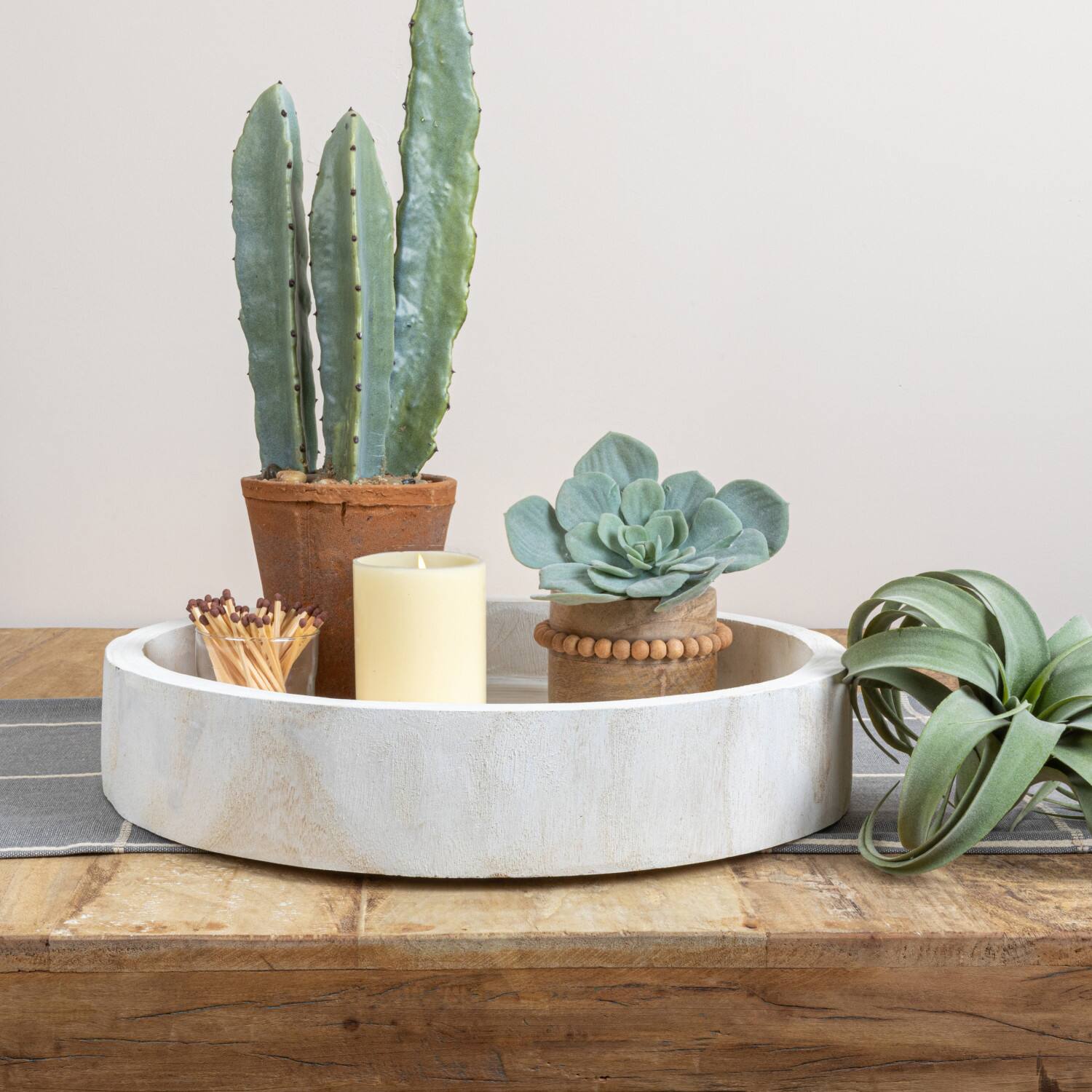 Hello Honey® 17" Whitewashed Round Hand-Carved Decorative Paulownia Wood Tray