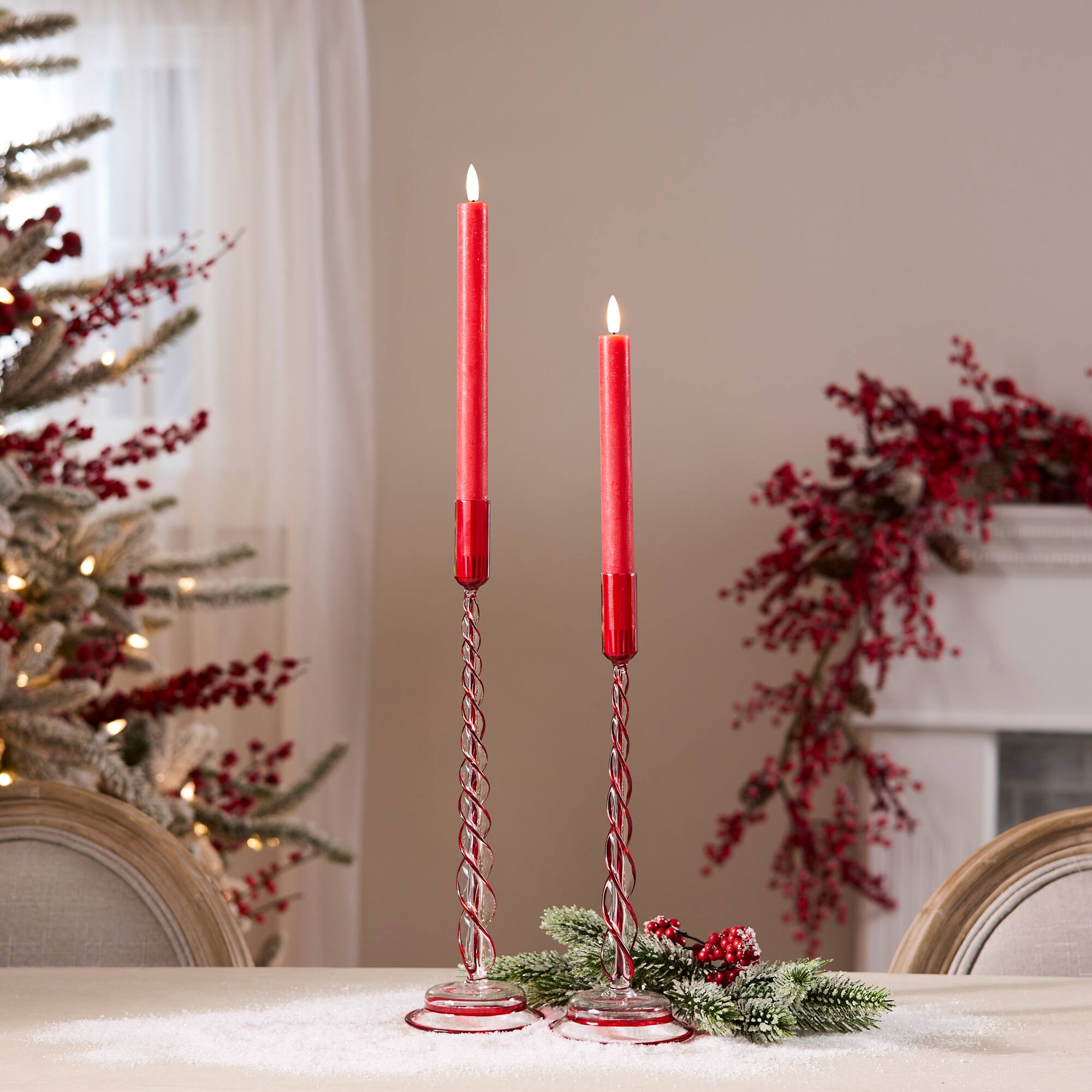 Melrose Red Twisted Glass Taper Candle Holder Set